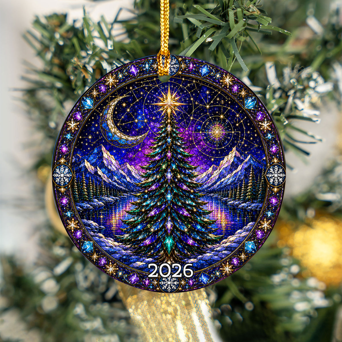 Winter Christmas Tree Ornament 2026, Aurora Sky Christmas Decor, Holiday Ornament, Snowy Mountain Landscape