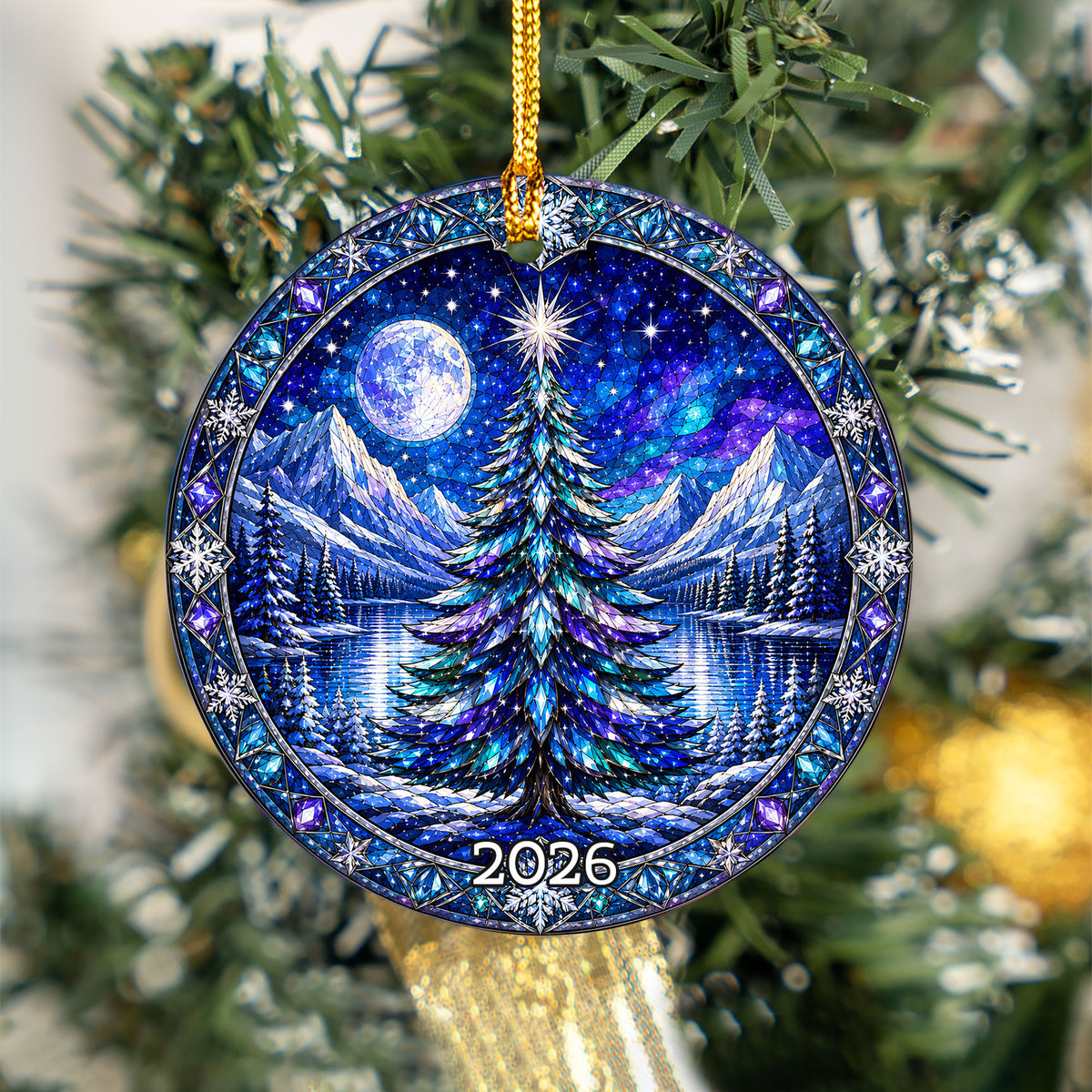 Holiday Christmas Ornament 2026, Winter Tree Decoration, Aurora Mountain Lake Ornament, Christmas Keepsake