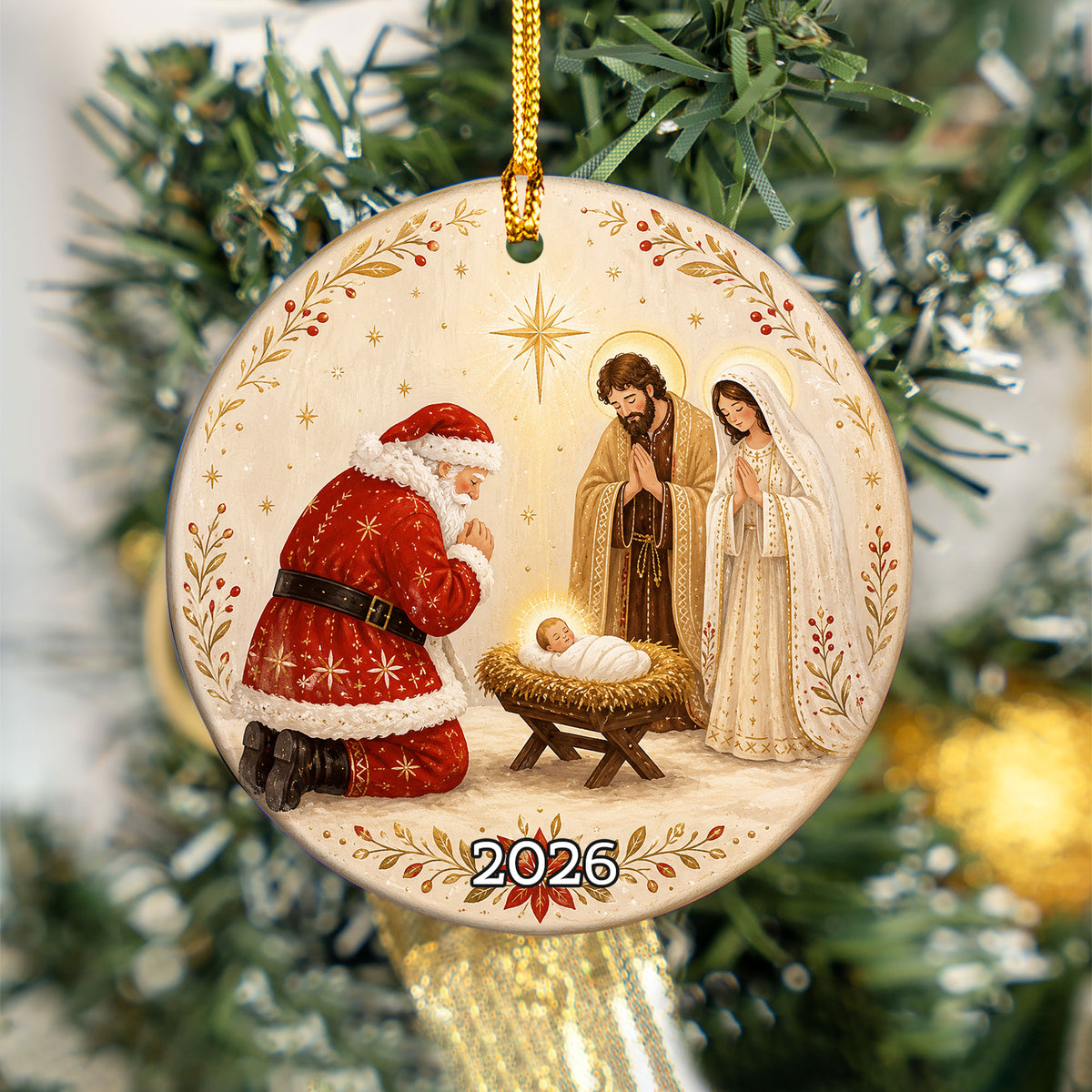 Nativity Christmas Ornament 2026, Santa and Baby Jesus Religious Ornament, Holy Family Christmas Tree Decor