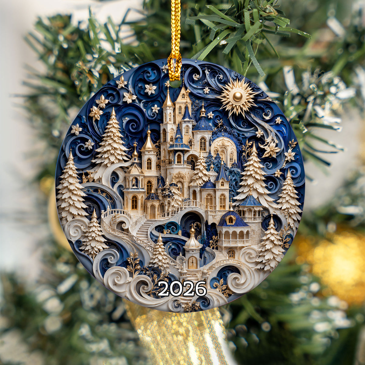 Christmas Castle Ornament 2026, Snowy Winter Village Decoration, Blue Holiday Tree Ornament, Christmas Keepsake Gift, Festive Home Decor