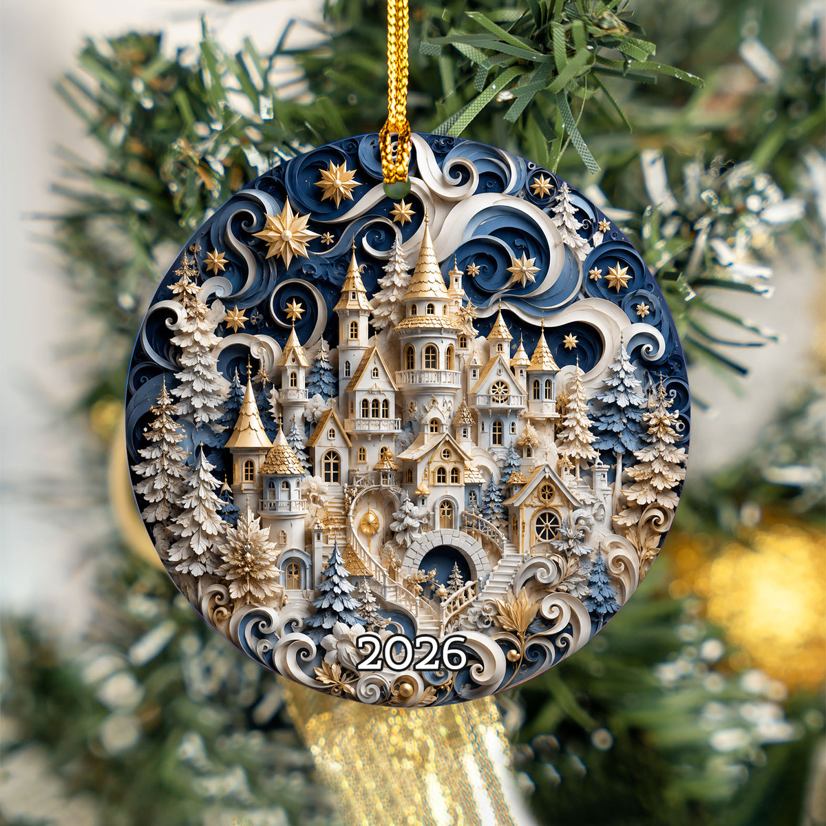 Blue Winter Christmas Ornament 2026, Snowy Castle Tree Ornament, Christmas Village Holiday Decoration