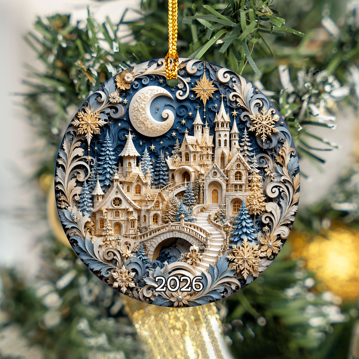 Snowy Christmas Village Ornament 2026, Blue Castle Christmas Tree Decor, Holiday Ornament Keepsake, Winter Christmas Gift for Loved Ones