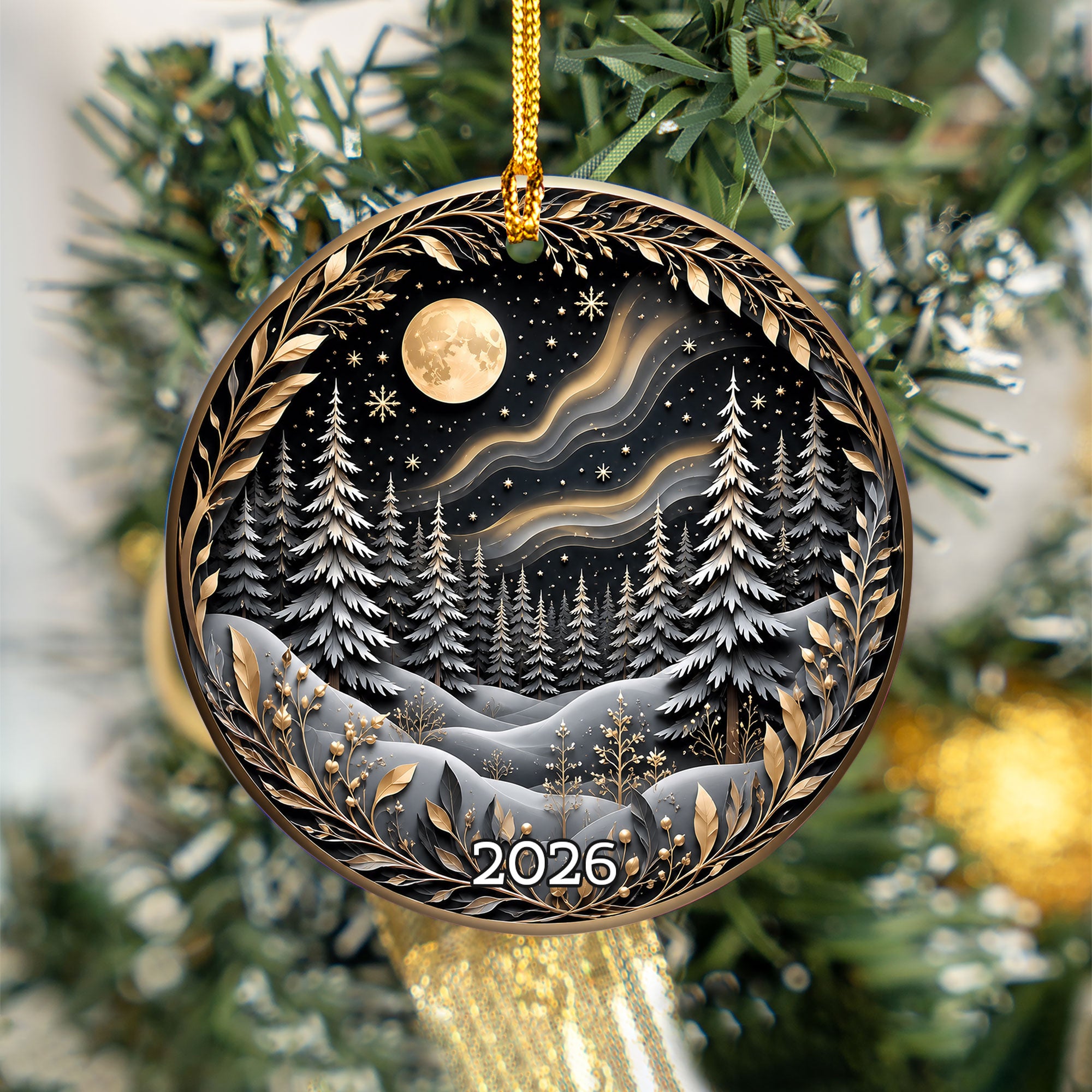Christmas Tree Ornament 2026, Winter Forest Scence Ornament, Gold Black Christmas Decor, Holiday Keepsake Gift for Family and Friends