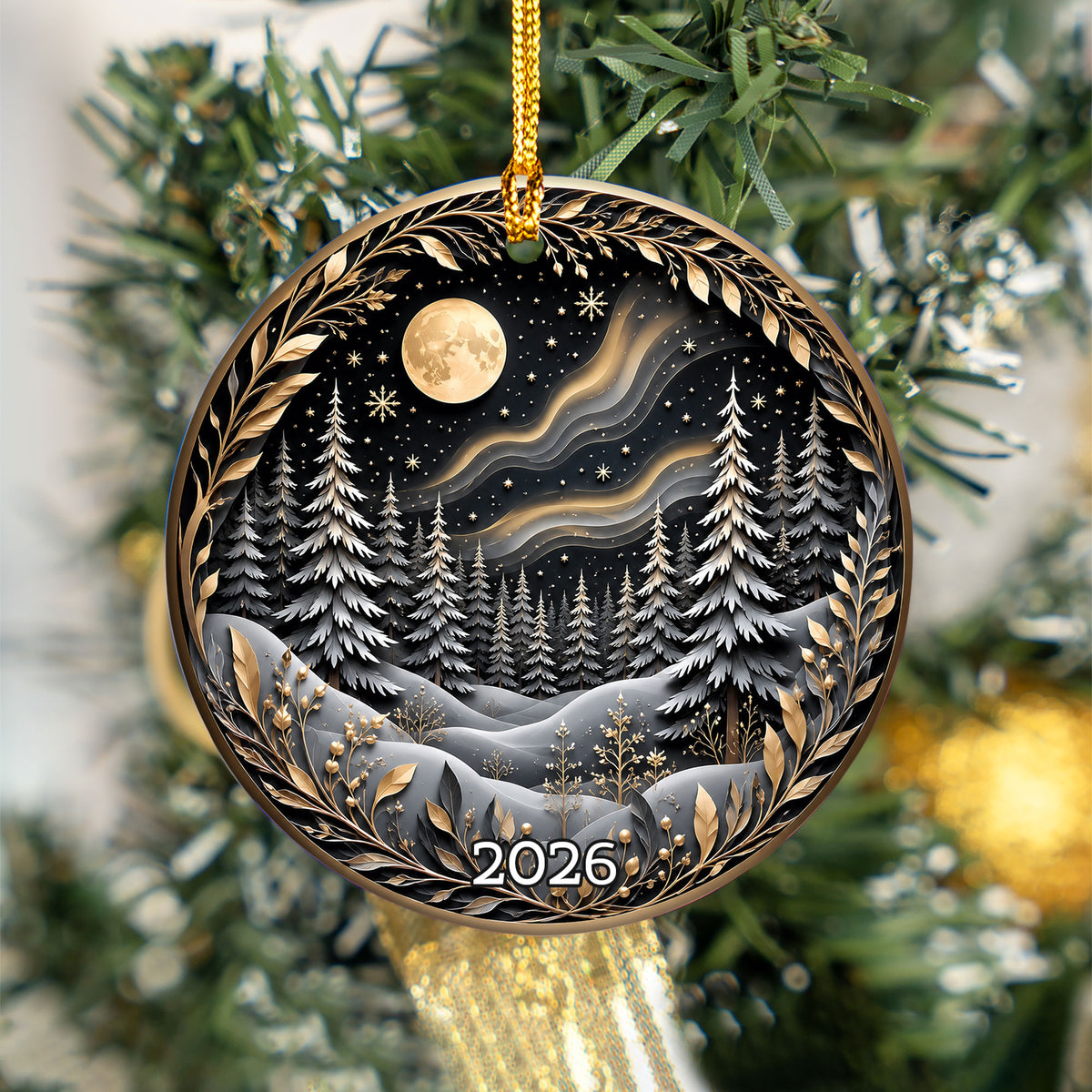 Christmas Tree Ornament 2026, Winter Forest Scence Ornament, Gold Black Christmas Decor, Holiday Keepsake Gift for Family and Friends