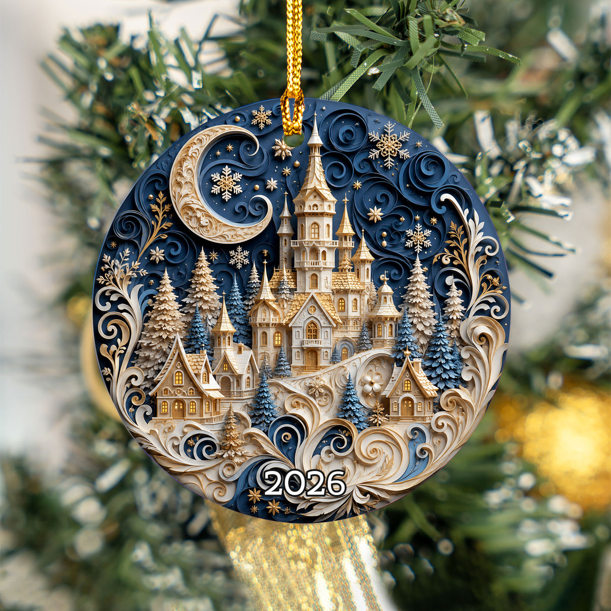 Blue Christmas Castle Ornament 2026, Winter Castle Christmas Ornament, Snowy Village Tree Decor, Holiday Keepsake Gift
