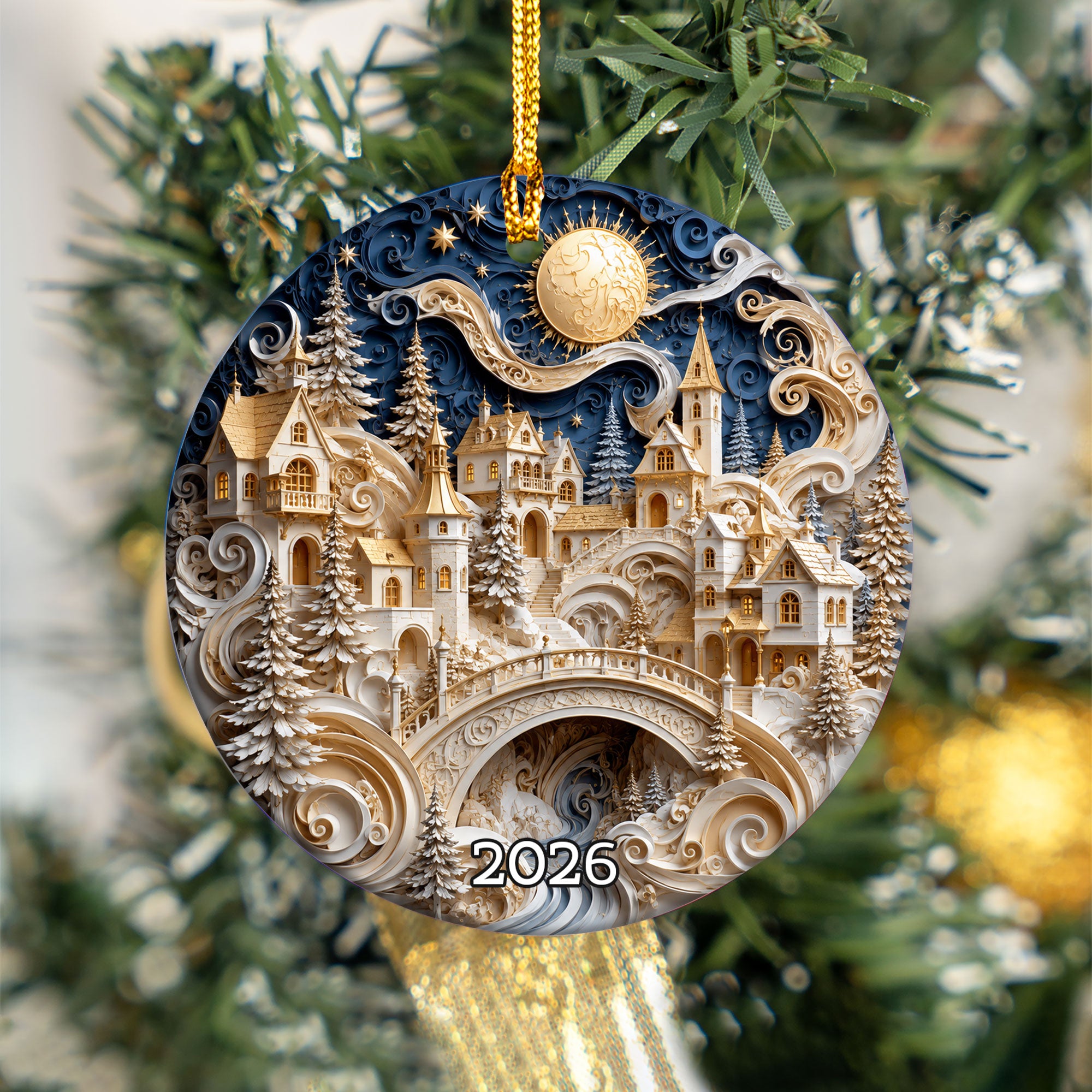 Winter Castle Christmas Ornament 2026, Blue and White Christmas Tree Ornament, Snowy Holiday Village Decor, Festive Keepsake Gift for Family