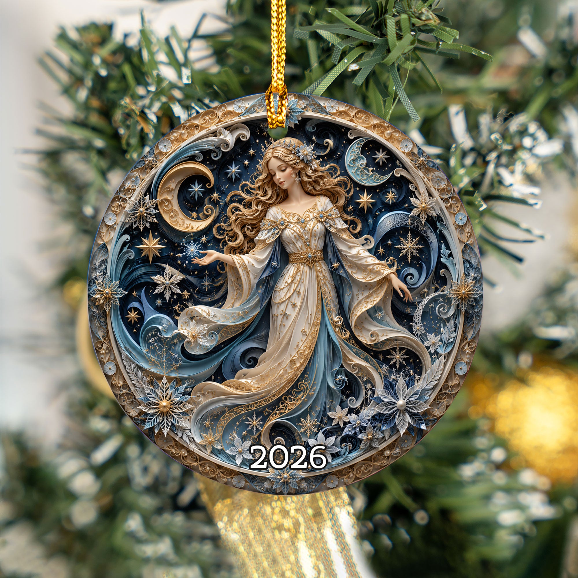 Celestial Angel Ornament 2026, Moon and Stars Christmas Ornament, Elegant Winter Fairy Tree Decor, Holiday Keepsake Gift