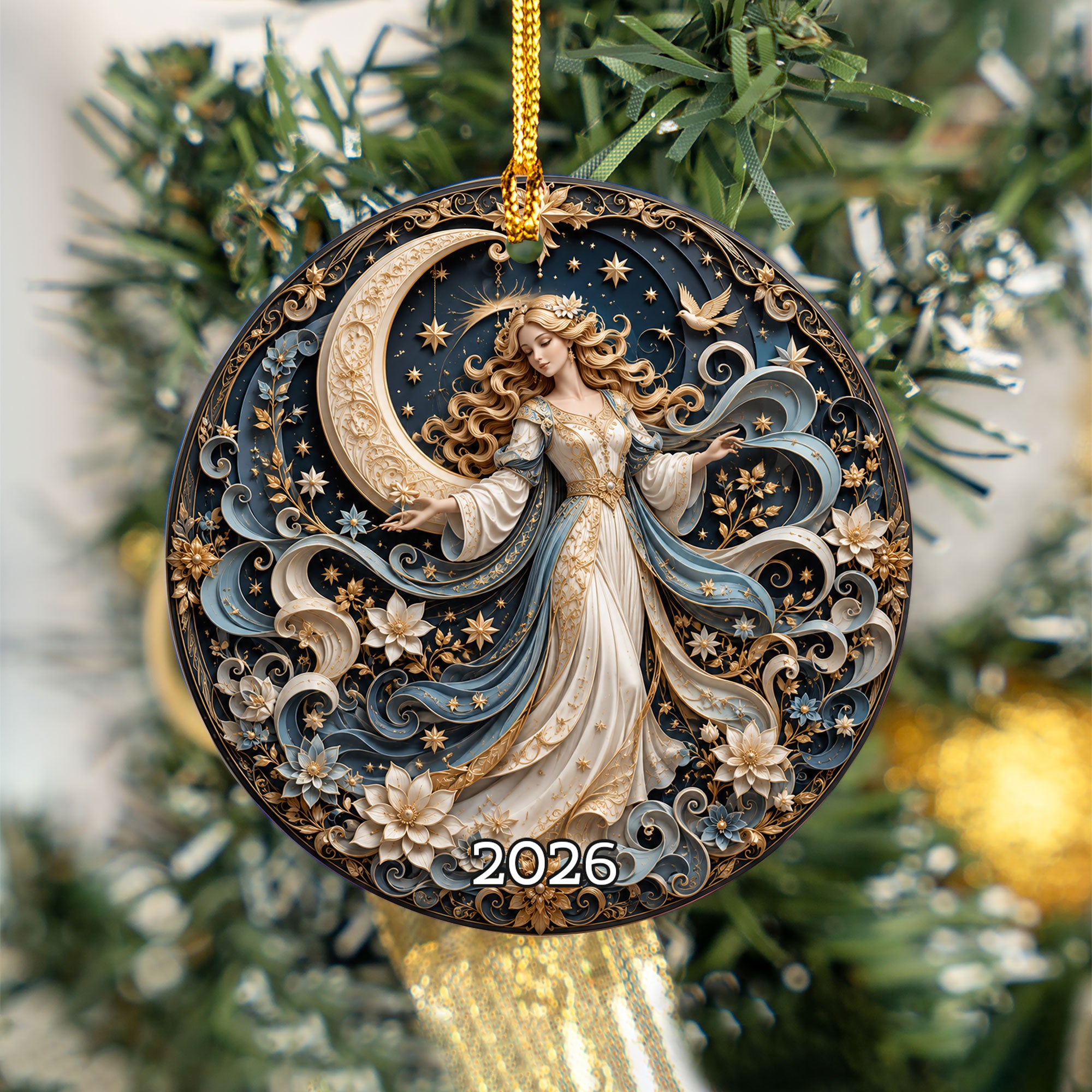 Elegant Christmas Ornament 2026, Angel with Moon and Stars Ornament, Holiday Tree Decoration