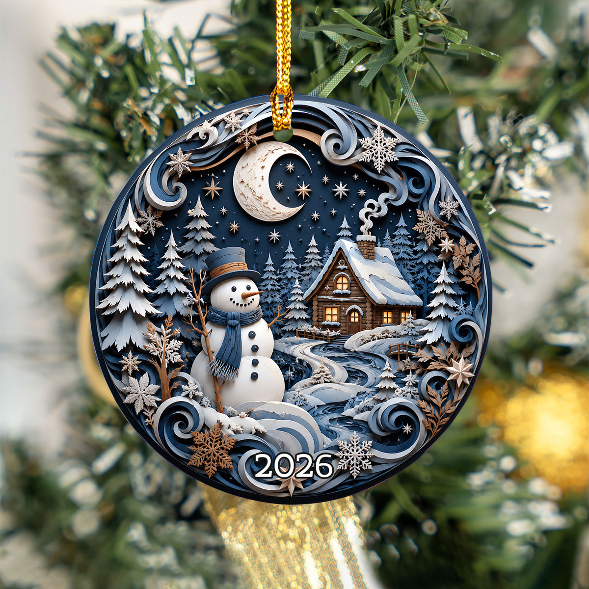 2026 Christmas Ornament with Snowman, Winter Village Christmas Tree Ornament, Ceramic Holiday Decoration