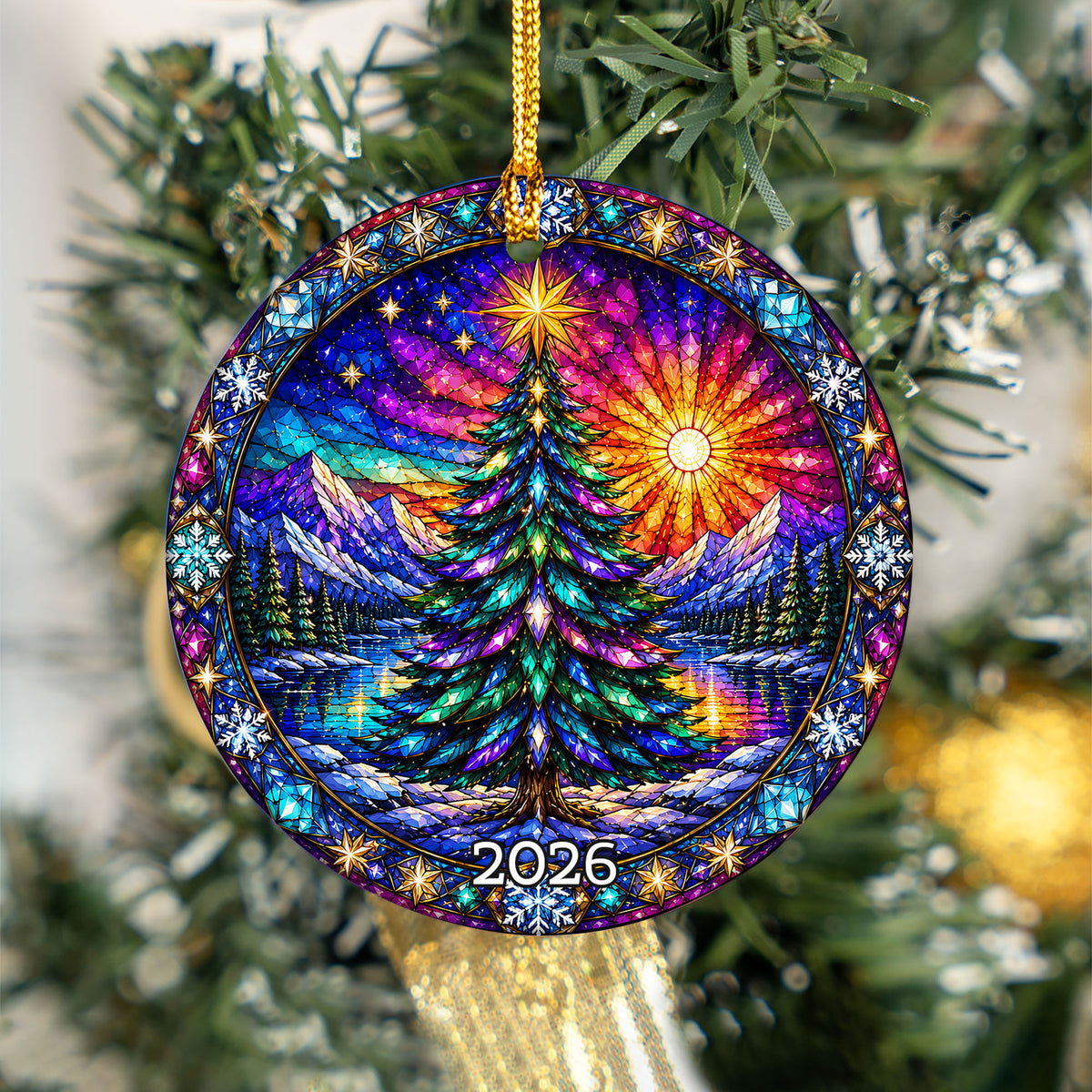 Colorful Stained Glass Christmas Tree Ornament 2026, Winter Mountain Lake Suncatcher Style, Holiday Decor