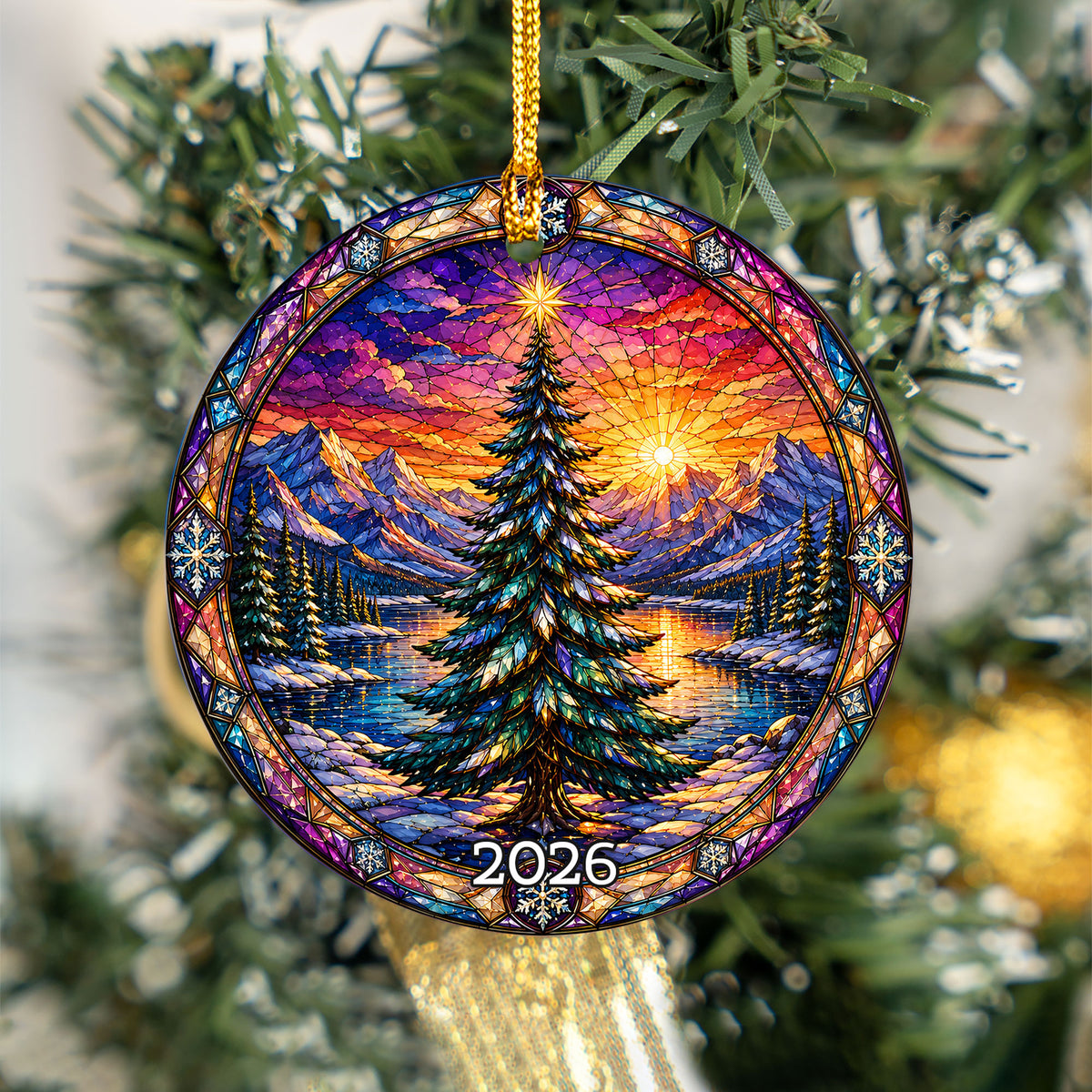 Colorful Christmas Tree Ornament 2026, Stained Glass Style Holiday Ornament, Winter Landscape Decor