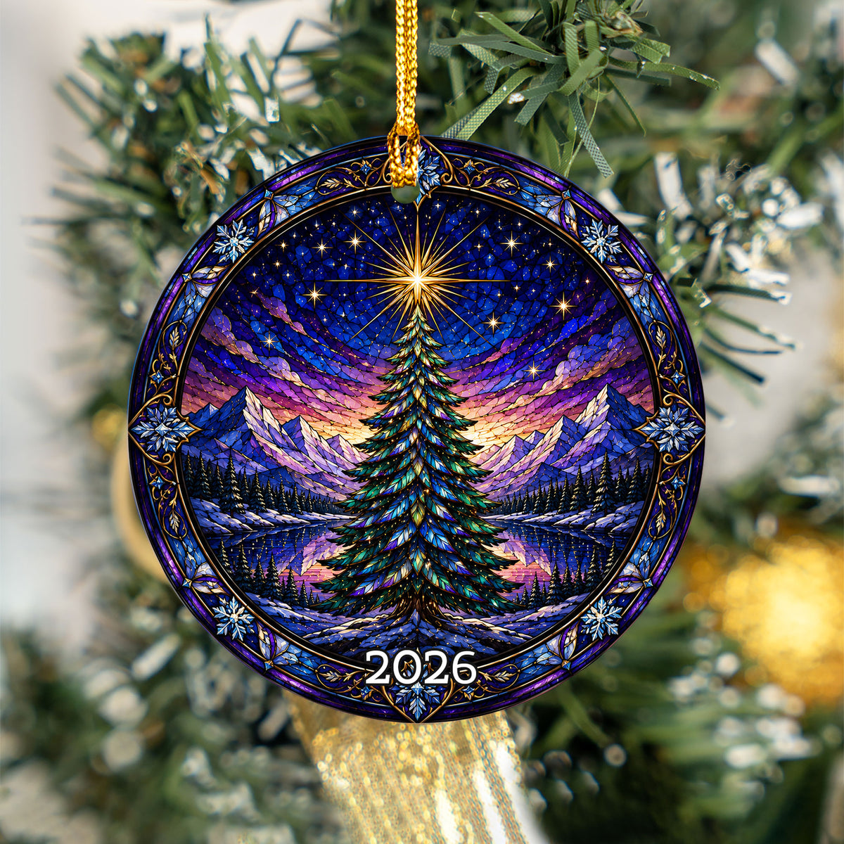 Christmas Tree Suncatcher Style Ornament 2026, Colorful Winter Mountain Scene Decoration