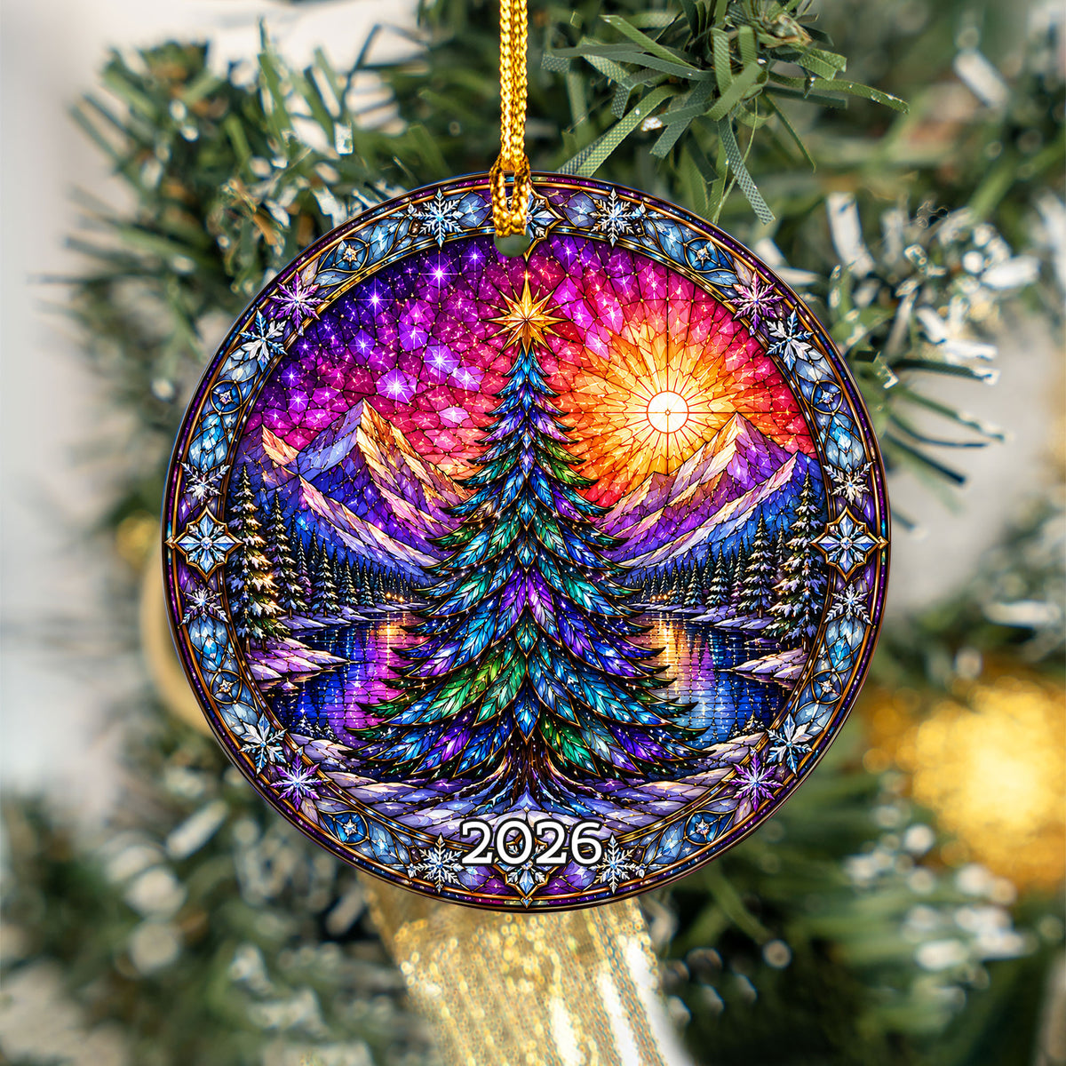 Stained Glass Style Christmas Ornament 2026, Colorful Evergreen Tree with Mountain Lake, Holiday Tree Decoration