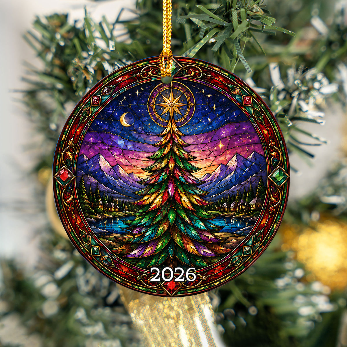 Christmas Tree Holiday Ornament 2026, Colorful Stained Glass Inspired Winter Scene, Festive Christmas Decoration