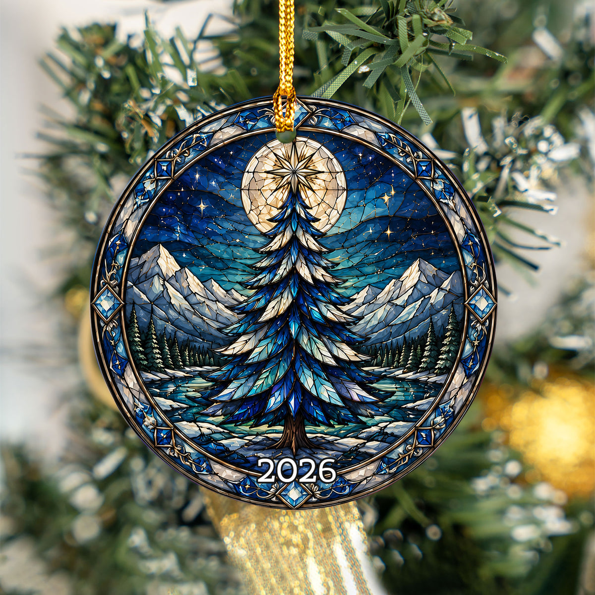 Winter Christmas Tree Ornament 2026, Colorful Mountain Landscape Holiday Decor, Stained Glass Inspired Christmas Gift