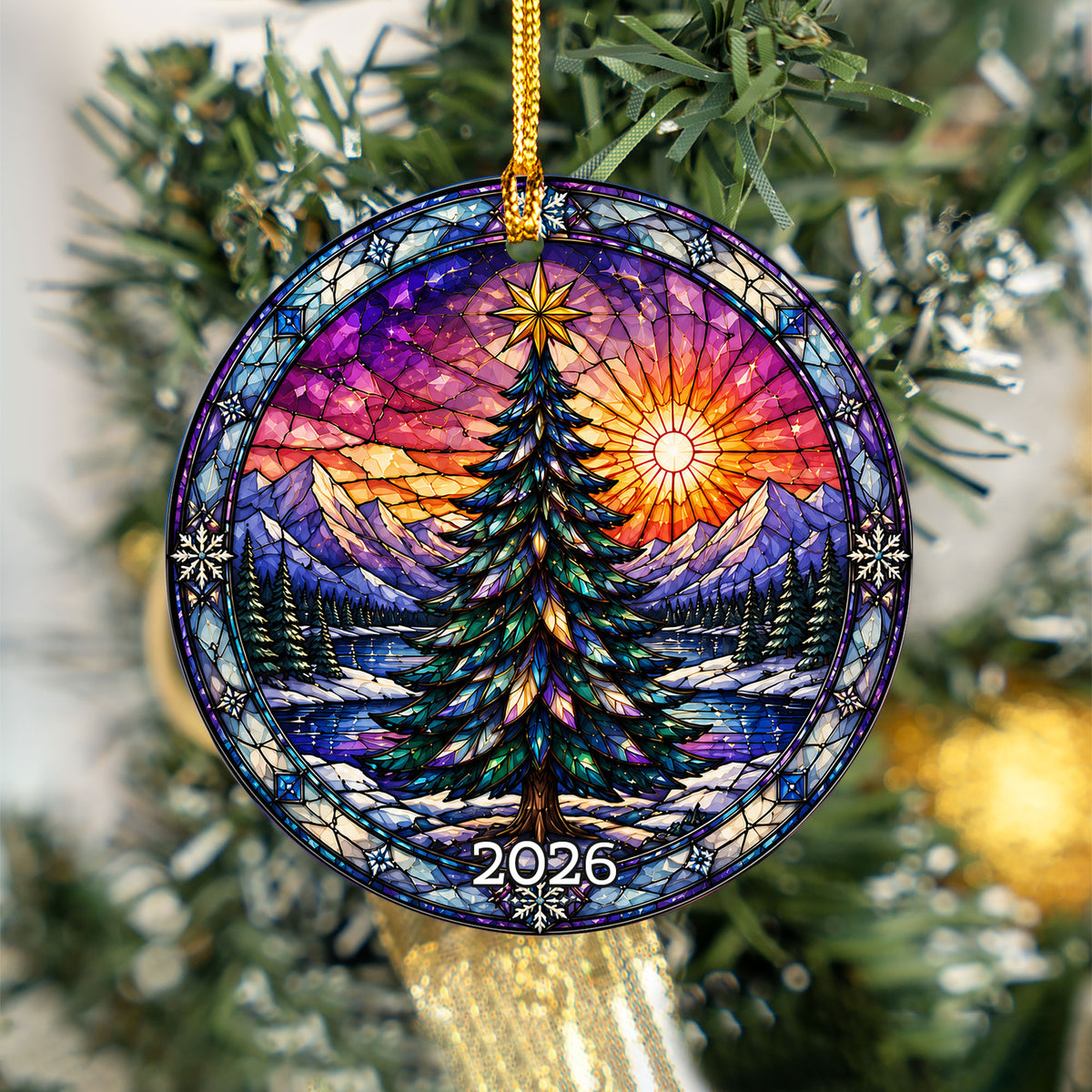 Christmas Ornament 2026 with Colorful Christmas Tree, Winter Lake Landscape Decoration, Holiday Tree Keepsake