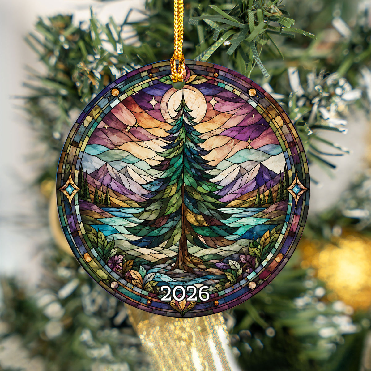 Vintage Christmas Tree Ornament 2026, Holiday Winter Landscape Decor, Stained Glass Inspired Christmas Keepsake