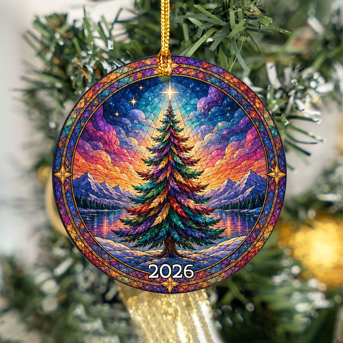Colorful Stained Glass Style Christmas Tree Ornament 2026, Winter Mountain Lake Suncatcher Style