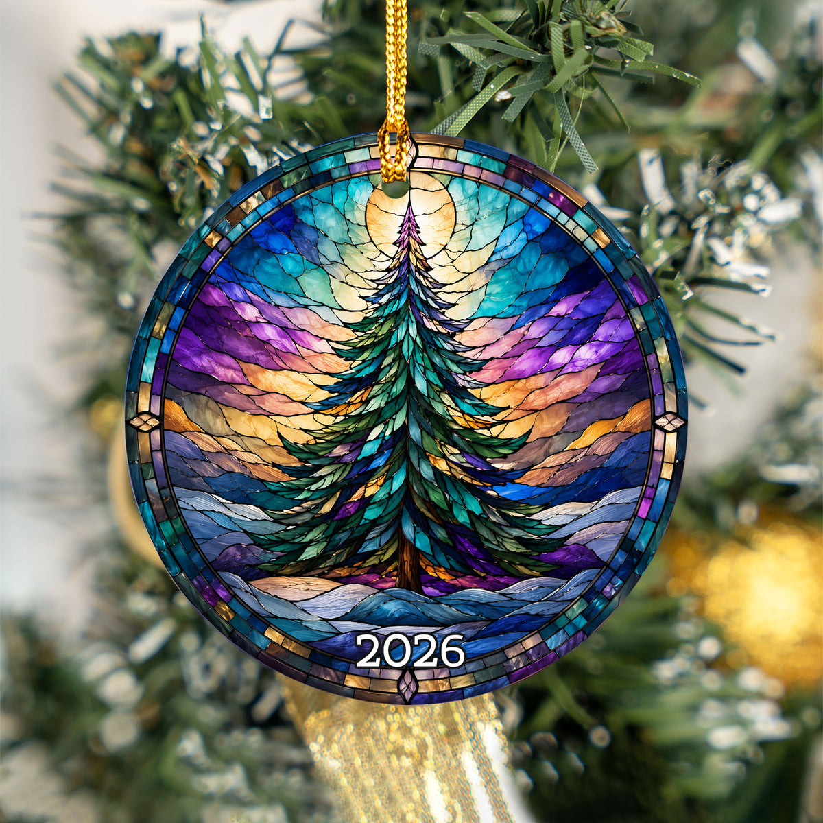 Christmas Tree Keepsake Ornament 2026, Colorful Rainbow Evergreen Winter Scene, Holiday Decoration