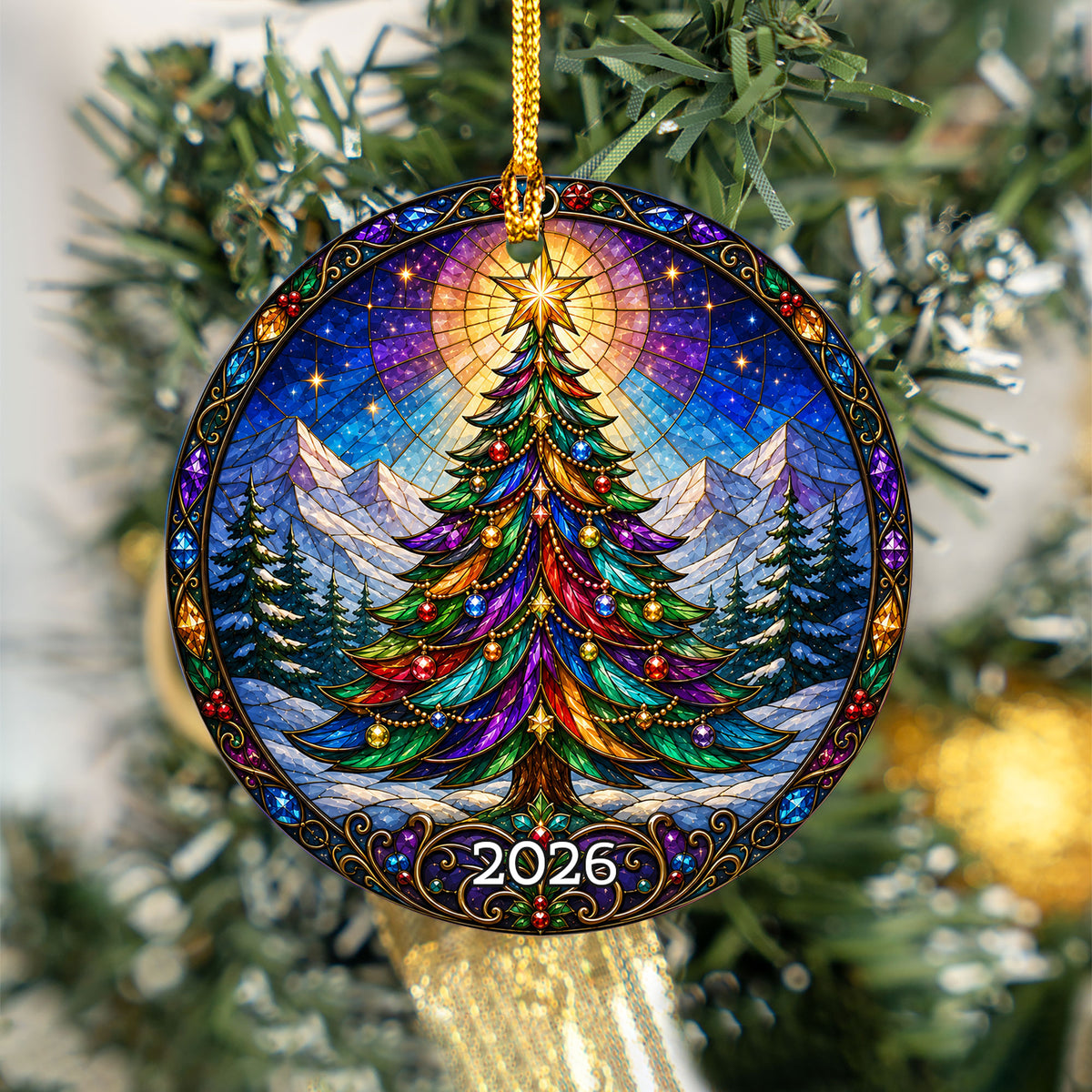 Colorful Stained Glass Christmas Tree Ornament 2026, Rainbow Evergreen Winter Mountain Scene, Holiday Tree Decoration