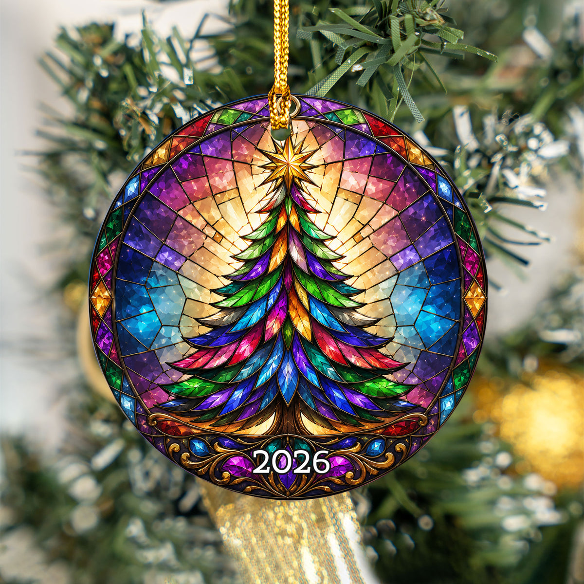 Rainbow Christmas Tree Ornament 2026, Colorful Stained Glass Holiday Decoration, Winter Landscape Christmas Gift