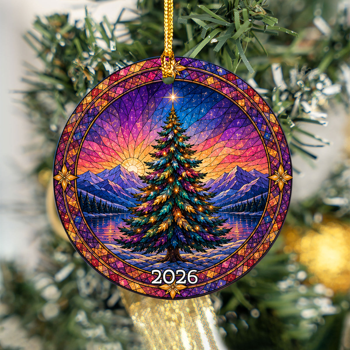 Colorful Christmas Ornament 2026, Rainbow Evergreen Tree with Winter Mountain Scene, Holiday Tree Decor