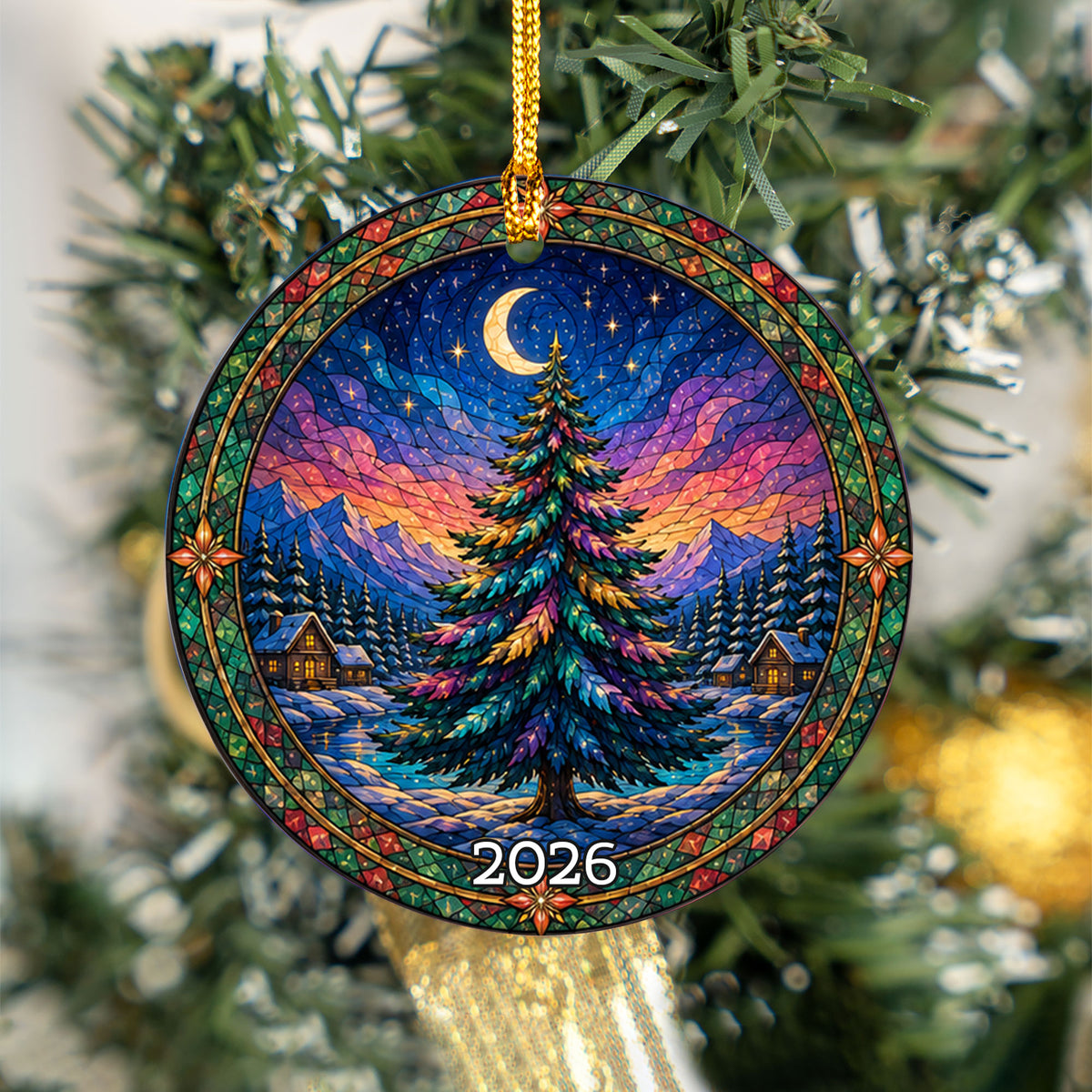Winter Christmas Tree Ornament 2026, Aurora Sky Christmas Decor, Holiday Ornament, Snowy Mountain Landscape