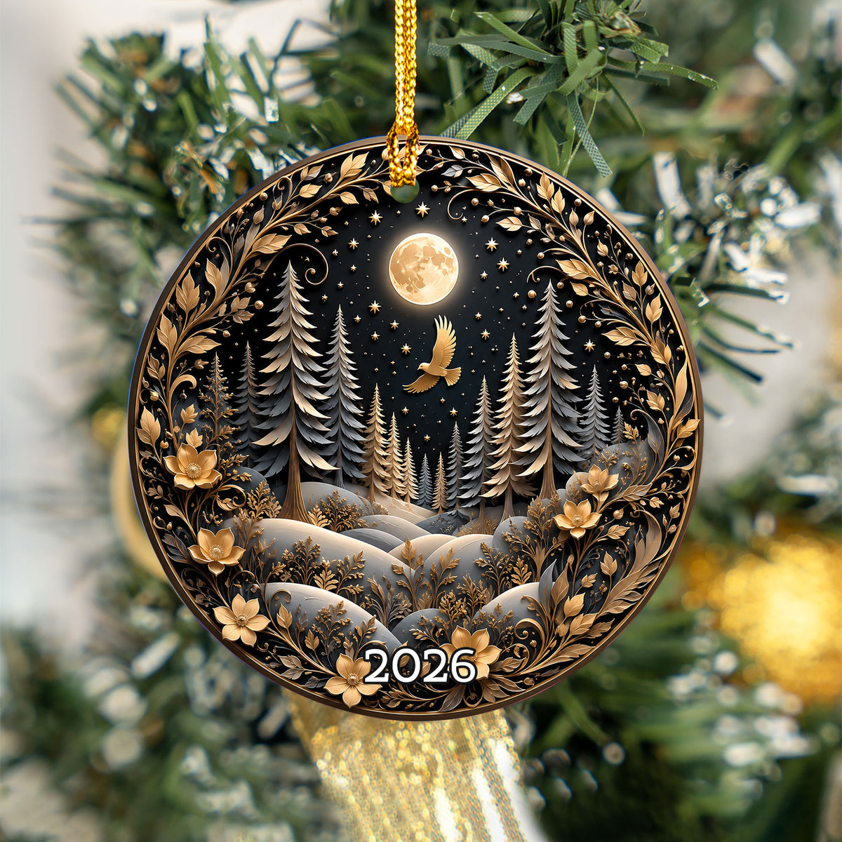 Winter Forest Christmas Ornament 2026, Moon Night Woodland Christmas Tree Decor, Nature Inspired Holiday Ornament