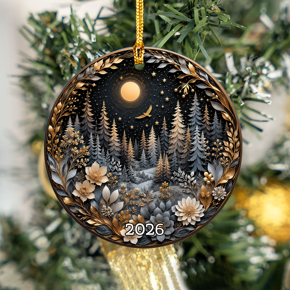 Winter Forest Christmas Ornament 2026, Moon Night Woodland Christmas Tree Decor, Nature Inspired Holiday Ornament