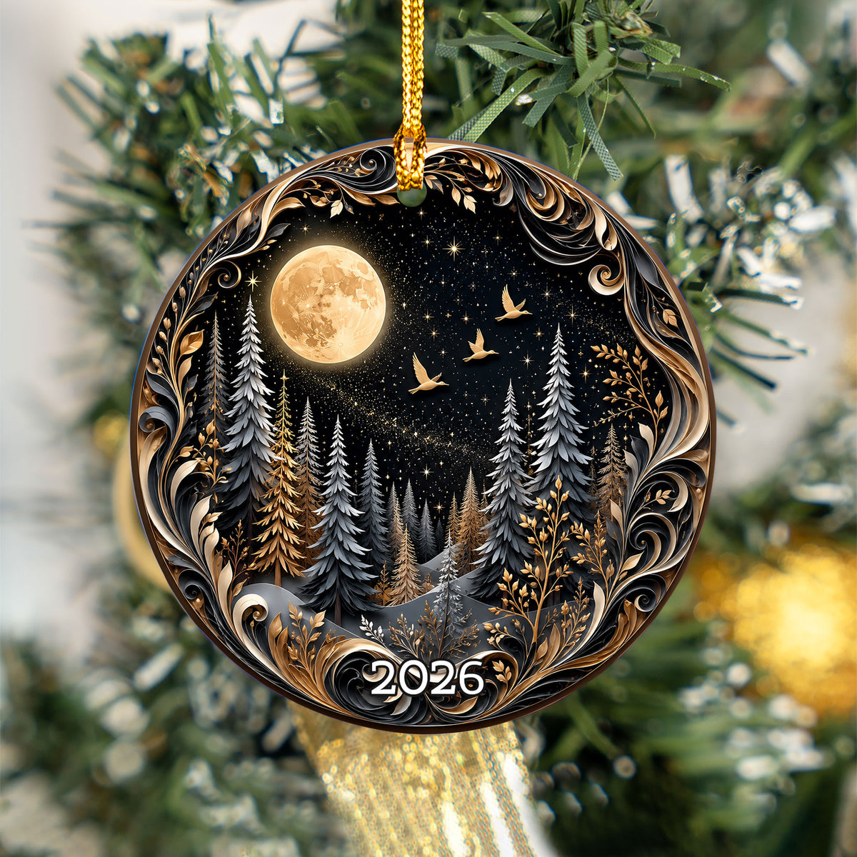 Christmas Forest Ornament 2026, Moonlit Pine Trees Holiday Decoration, Woodland Christmas Keepsake, Winter Nature Gift for Friends and Family