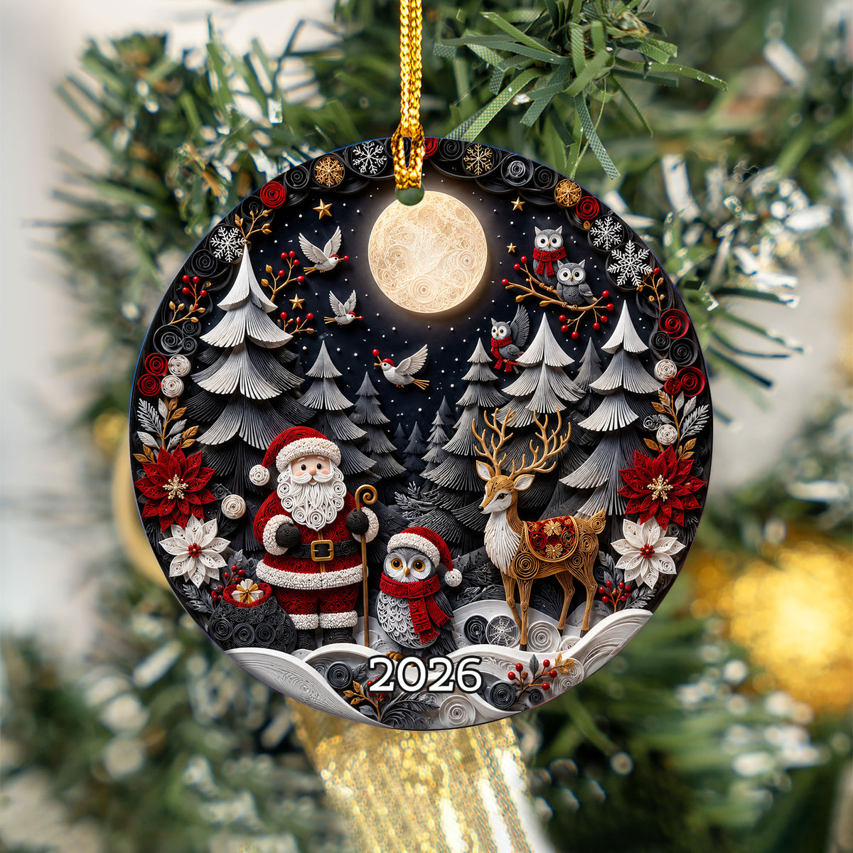 Santa Woodland Christmas Ornament 2026, Owl Deer Robin Winter Forest Cabin Christmas Tree Decoration, Holiday Keepsake Gift for Family