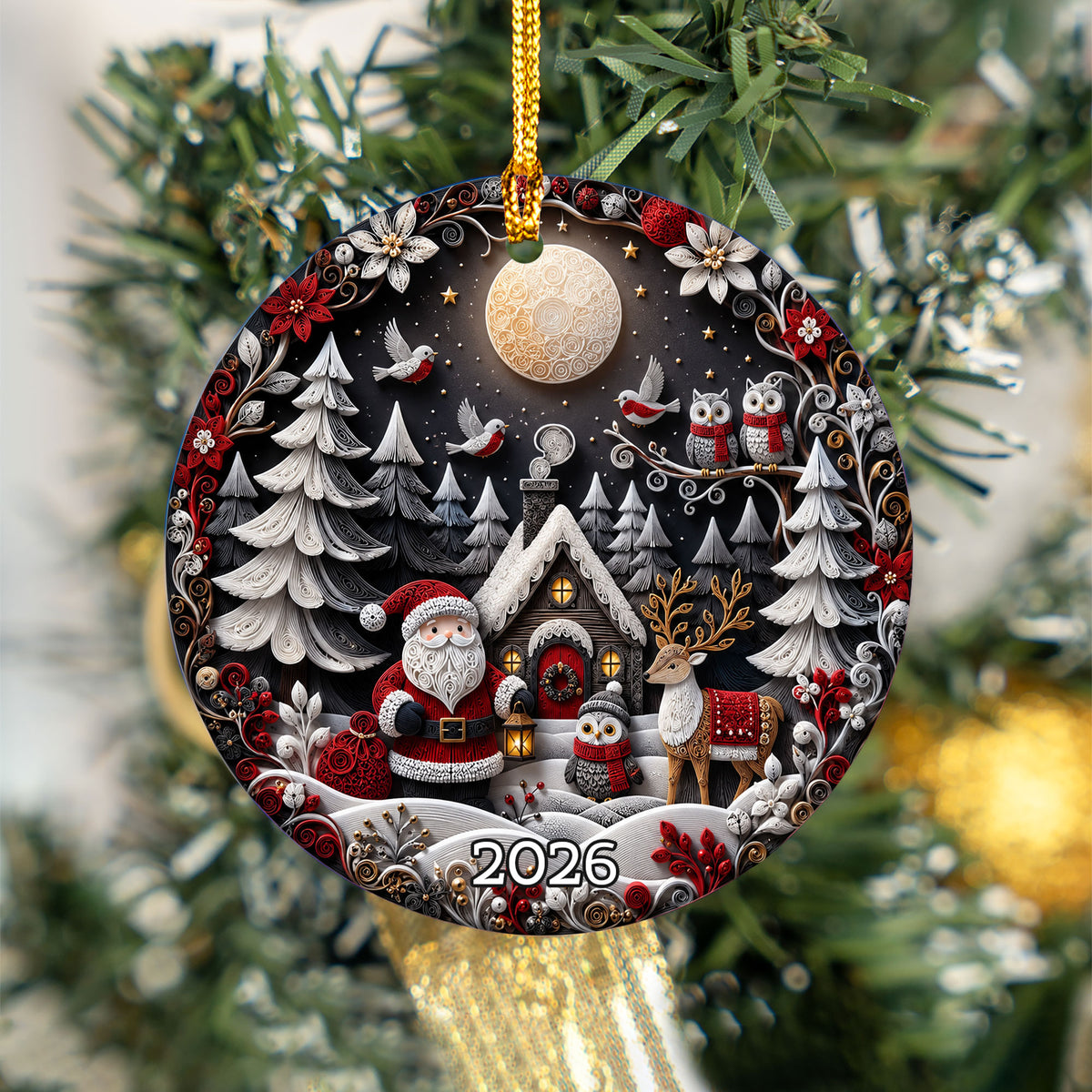 Holiday Christmas Ornament 2026, Santa Owl Deer Robin Forest Cabin Winter Scene, Christmas Tree Decoration, Festive Keepsake Gift