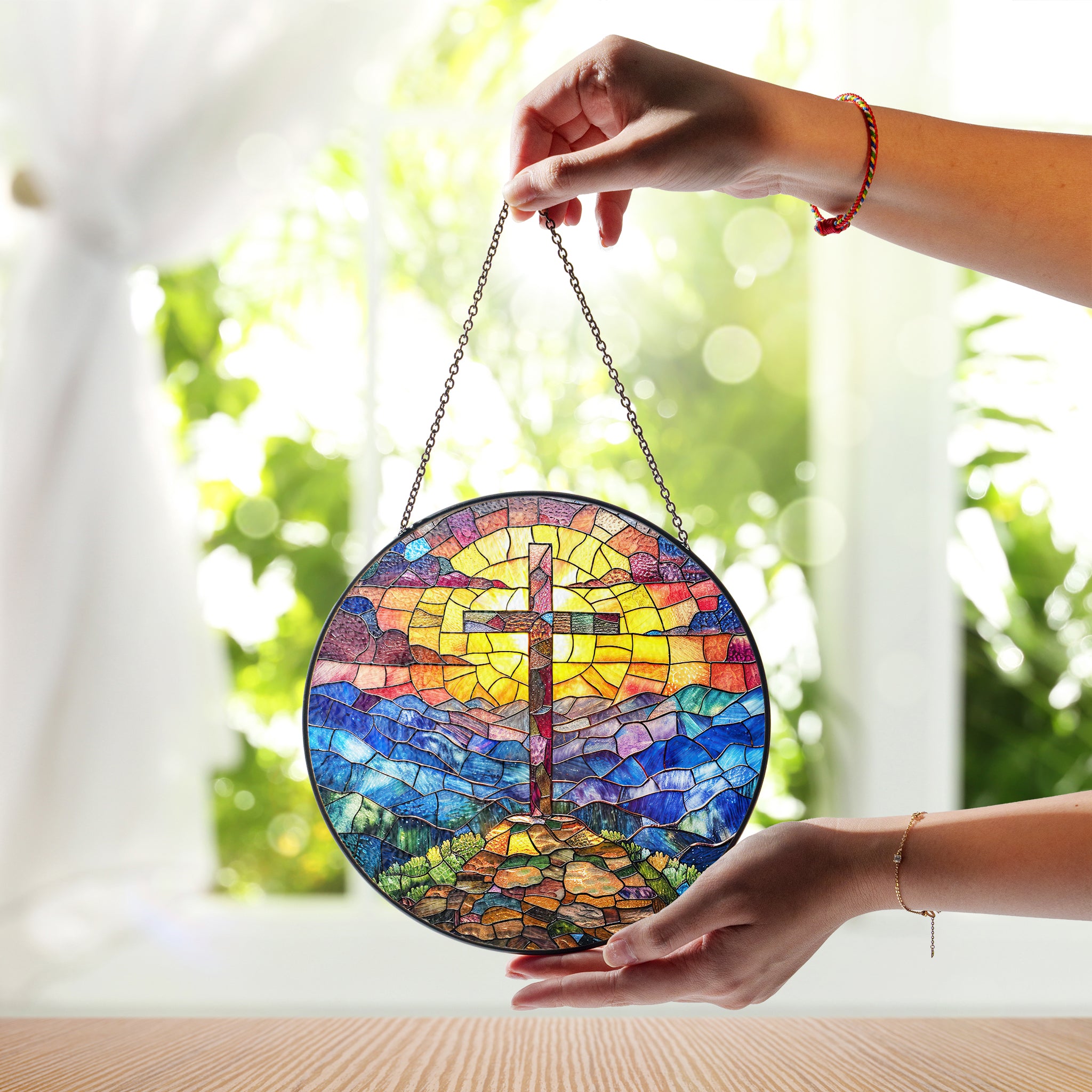 Cross Sunset Suncatcher, Stained Glass Window Hanging, , Faith Love House Wall Hanger