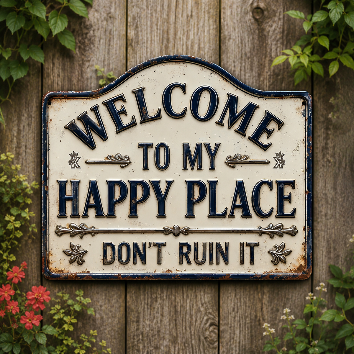 Vintage Welcome Metal Sign, Welcome To My Happy Place, Garden Outdoor Wall Decoration