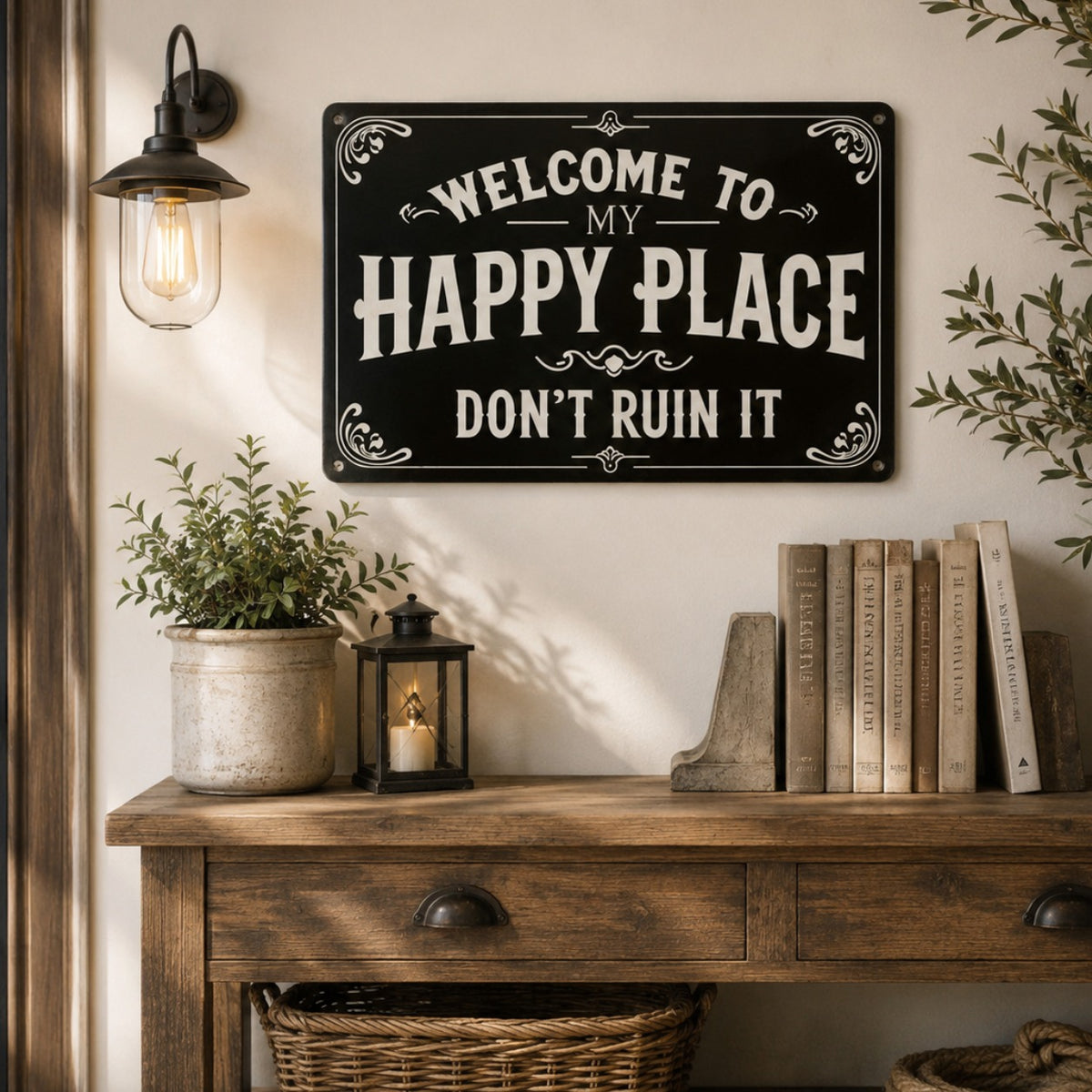 Vintage Metal Sign, Welcome to My Happy Place Don'T Ruin It, Living Room, Kitchen, Garden Decor