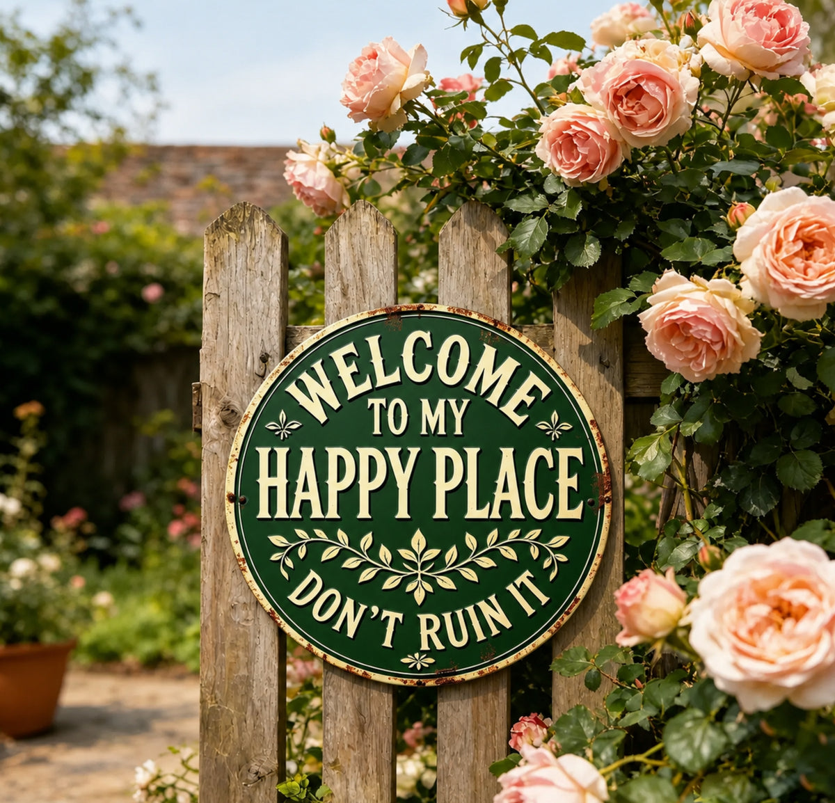 Outdoor Rustic Garden Decor, Welcome to My Happy Place Metal Sign, Vintage Garden Metal Sign For Family