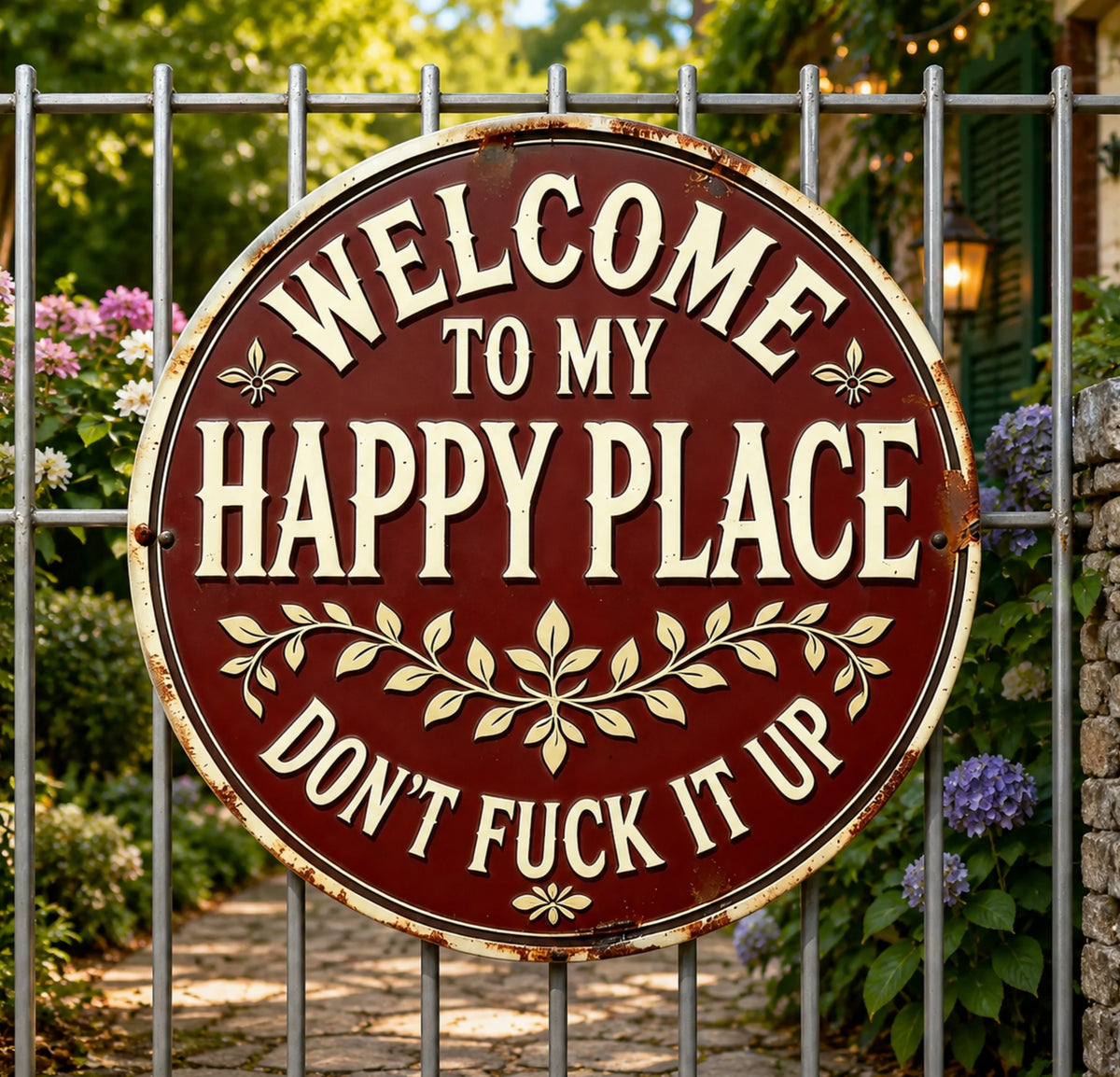 Outdoor Rustic Garden Decor, Welcome to My Happy Place Metal Sign, Vintage Garden Metal Sign For Family