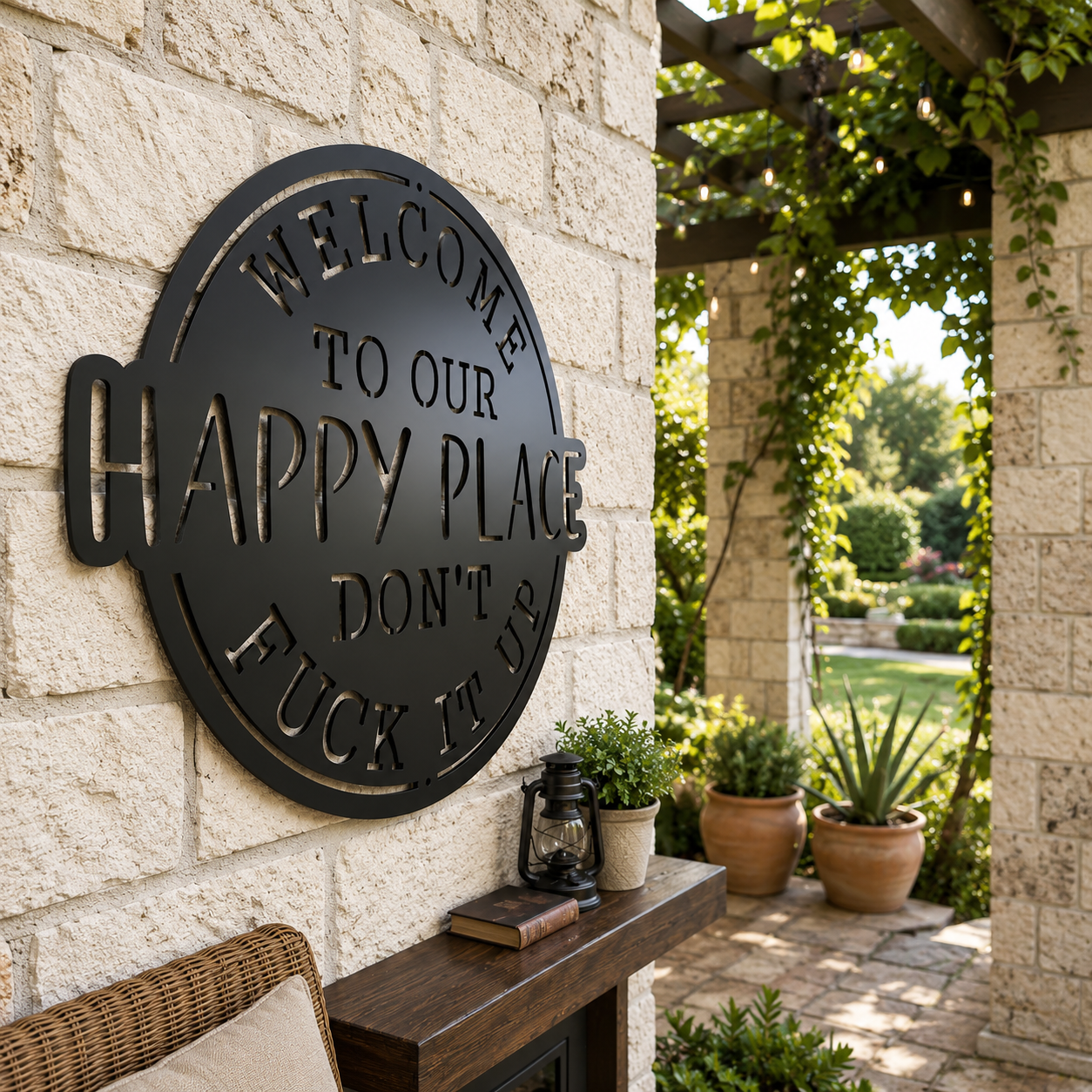 Welcome to Our Happy Place Don't Fuck It Up Funny Metal Sign, Rustic Garden Wall Decor