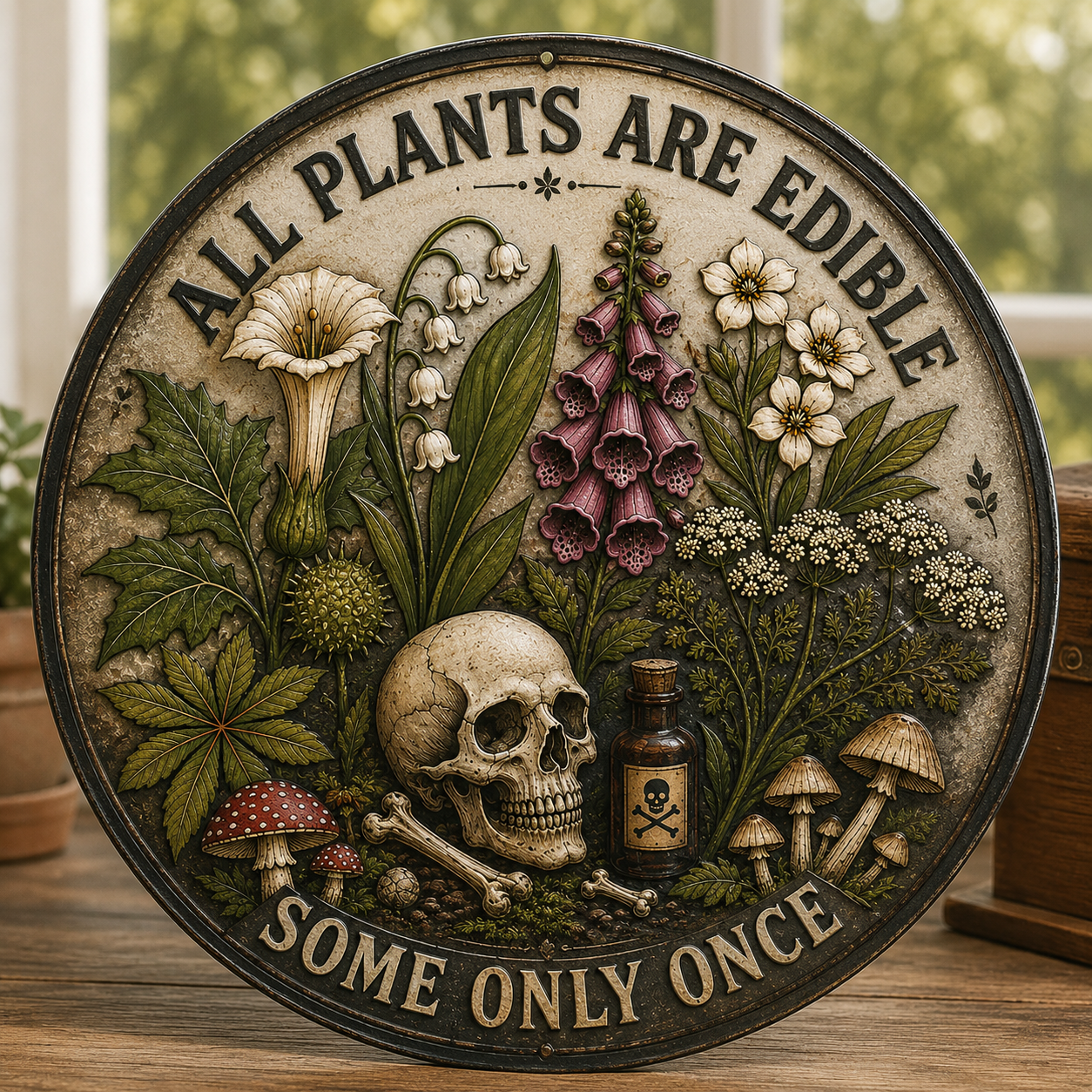 All Plants Are Edible Round Metal Sign, Funny Gothic Botanical Metal Sign, Dark Humor Plant Lover Gift, Mushroom Skull Decor
