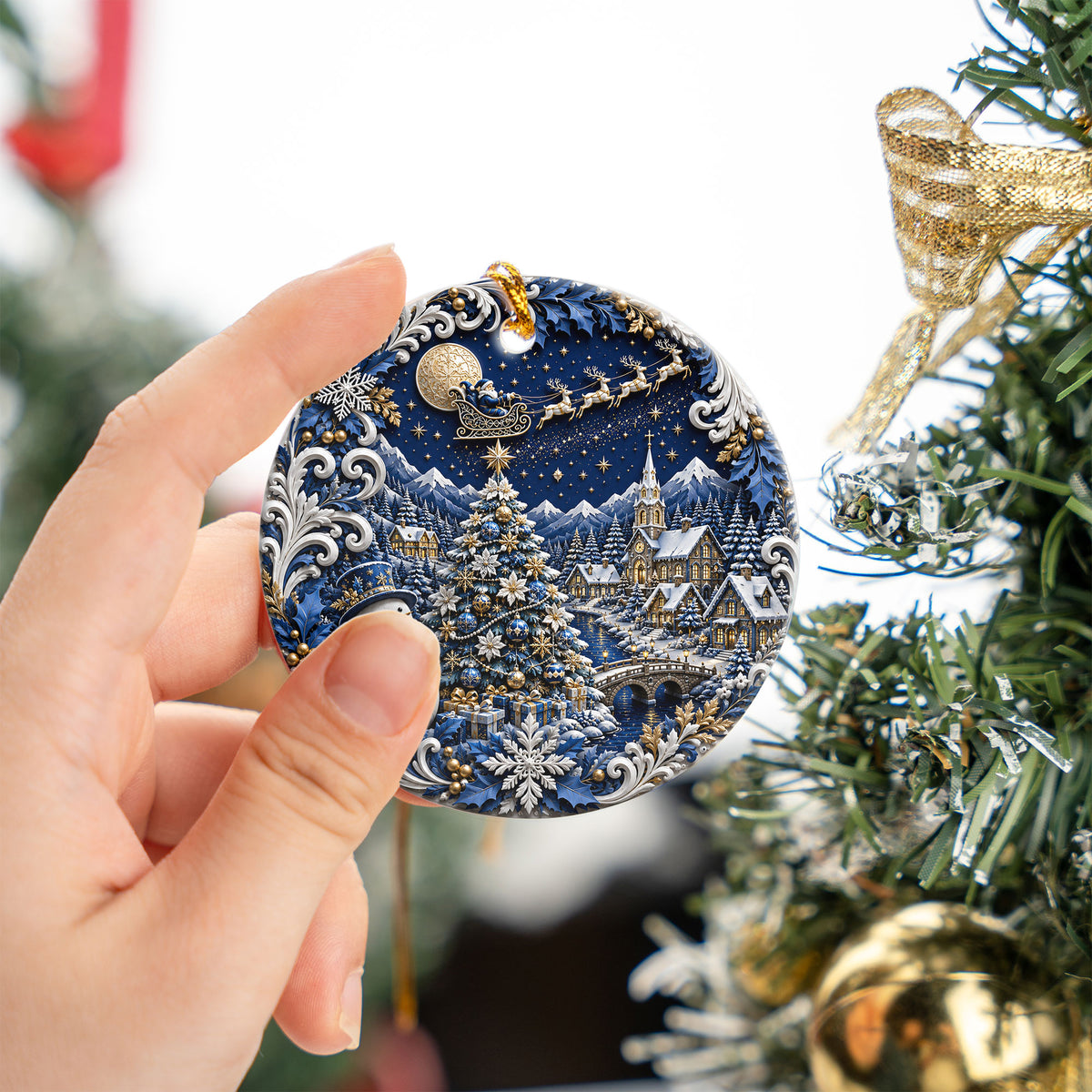 Blue Christmas Ornament 2026, Snowman Christmas Tree Ornament, Winter Village Ceramic Ornament