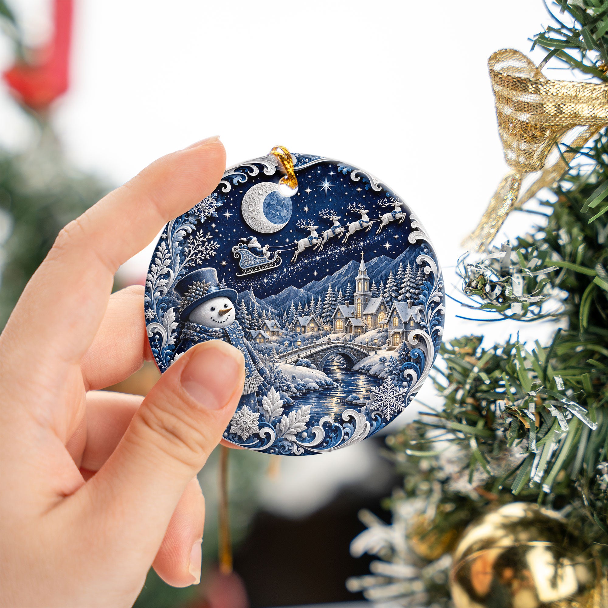 Blue Christmas Village Ornament 2026, Snowman Holiday Ornament, Ceramic Christmas Decoration