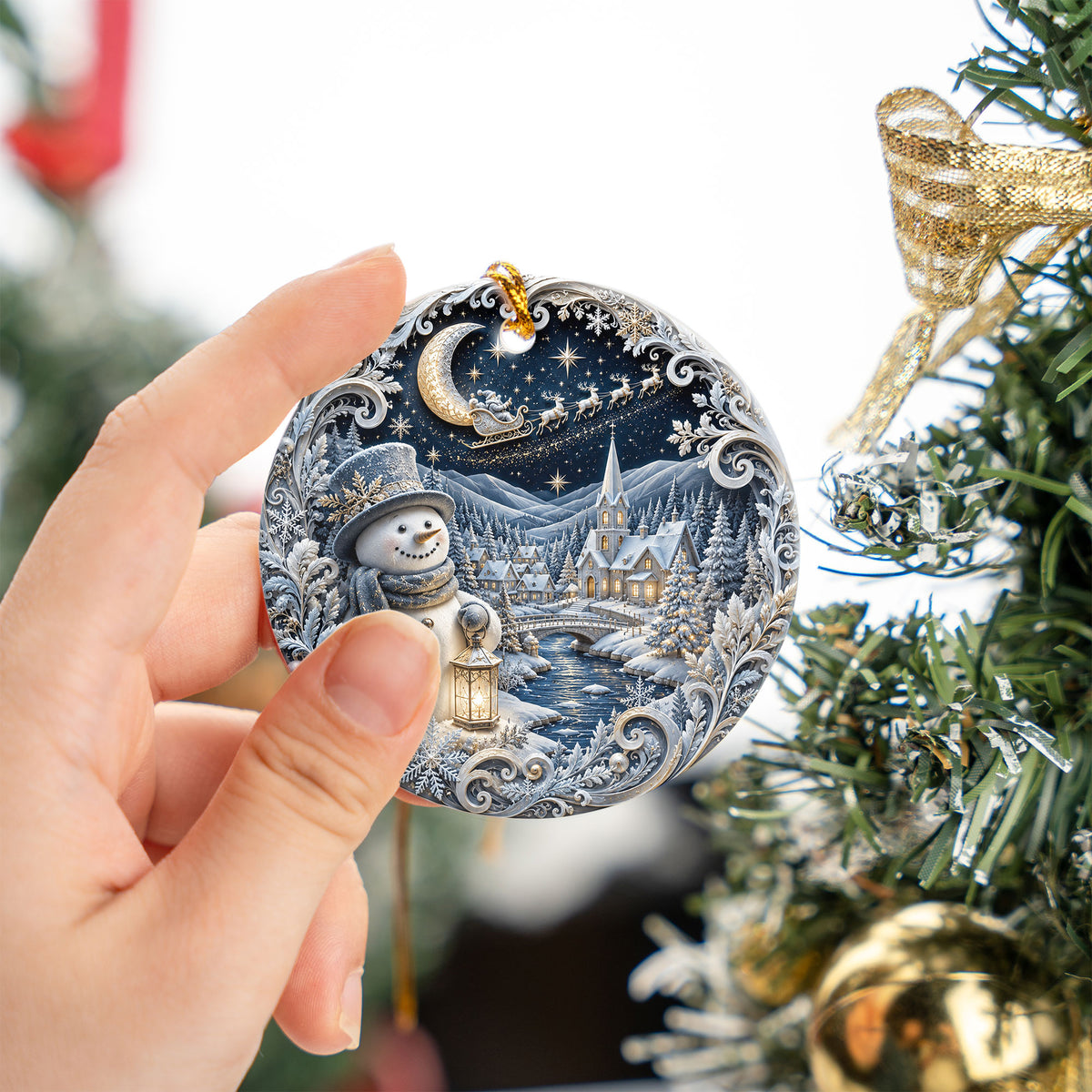 Blue Christmas Village Ornament 2026, Snowman Holiday Ornament, Ceramic Christmas Decoration, Winter Home Decor