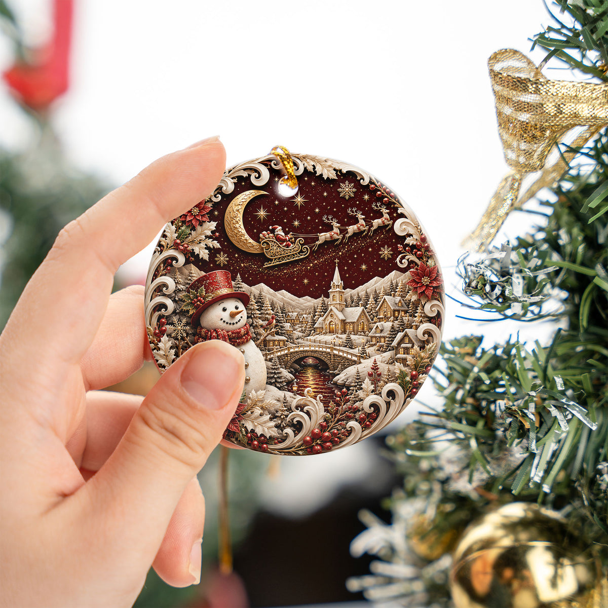 Red Snowman Christmas Ornament 2026, Winter Village Tree Ornament, Ceramic Holiday Decoration