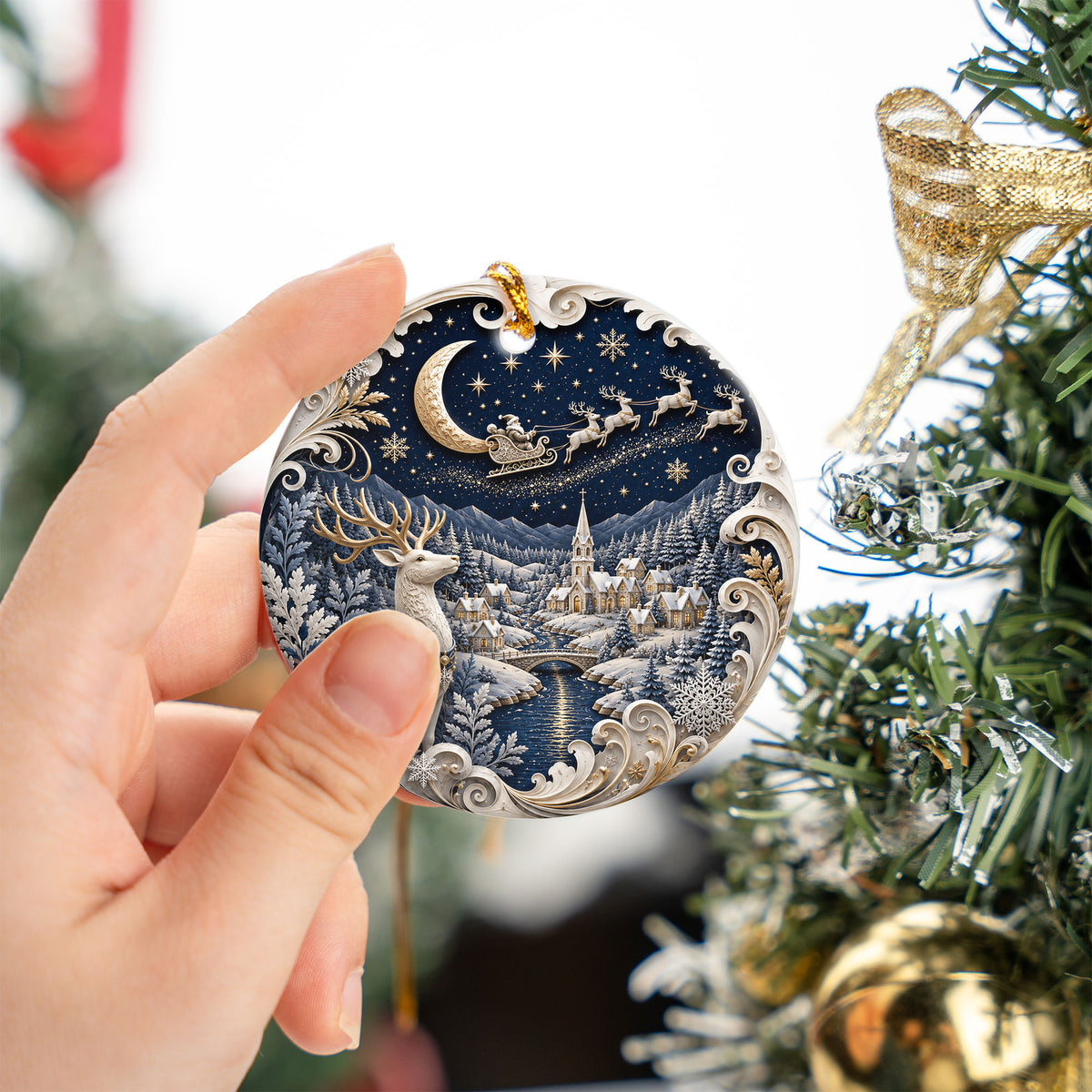 Deer Christmas Ornament 2026, Blue Winter Tree Ornament, Ceramic Christmas Decoration, Holiday Keepsake Gift