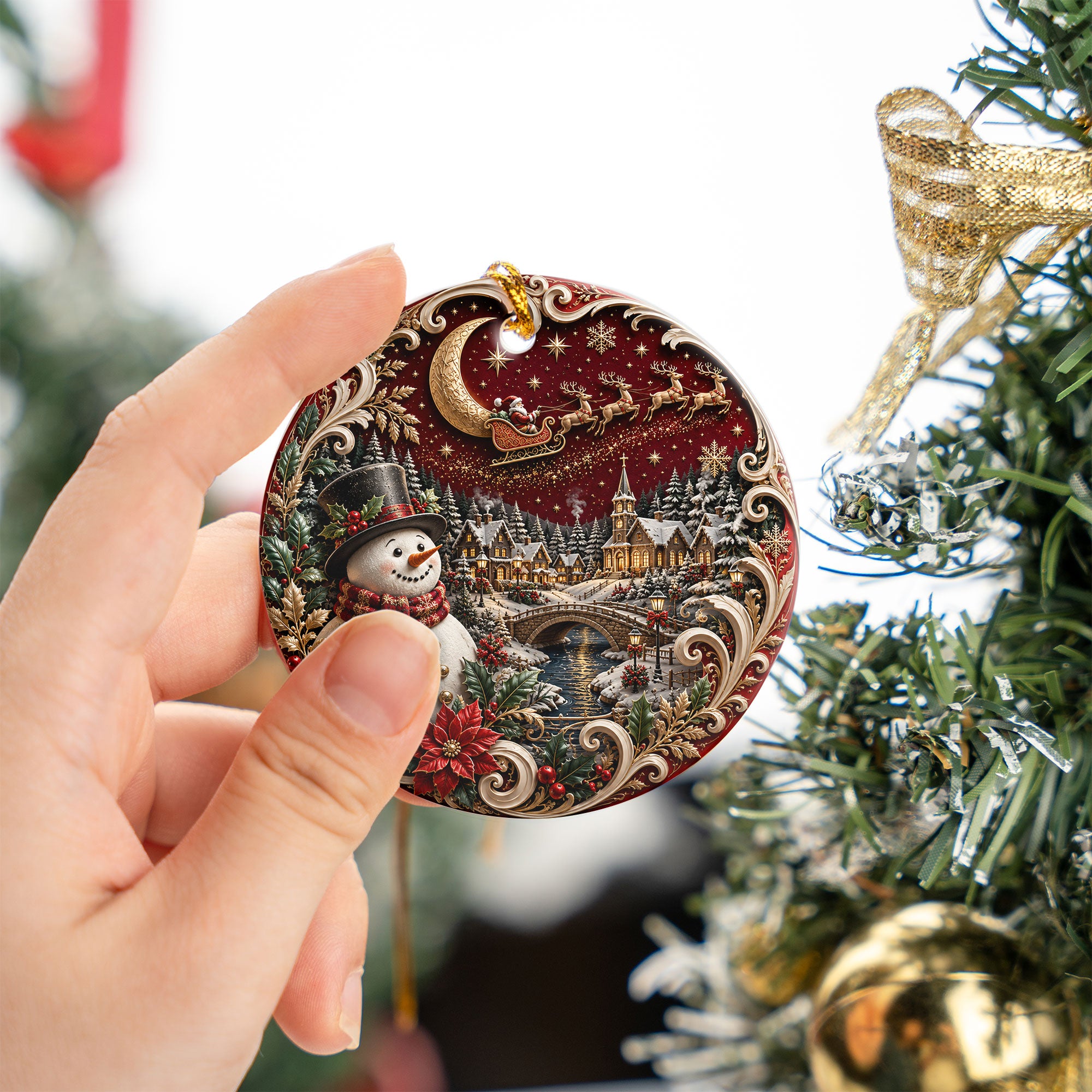 Christmas Tree Ornament 2026 with Snowman and Winter Village, Red Ceramic Ornament, Holiday Decoration