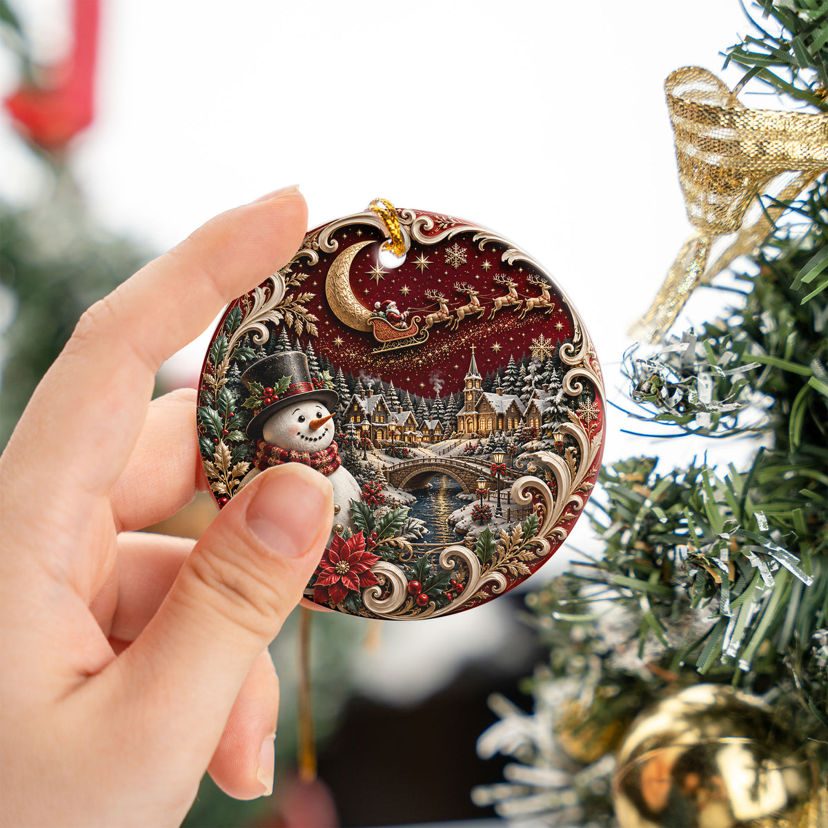 Christmas Tree Ornament 2026 with Snowman and Winter Village, Red Ceramic Ornament, Holiday Decoration
