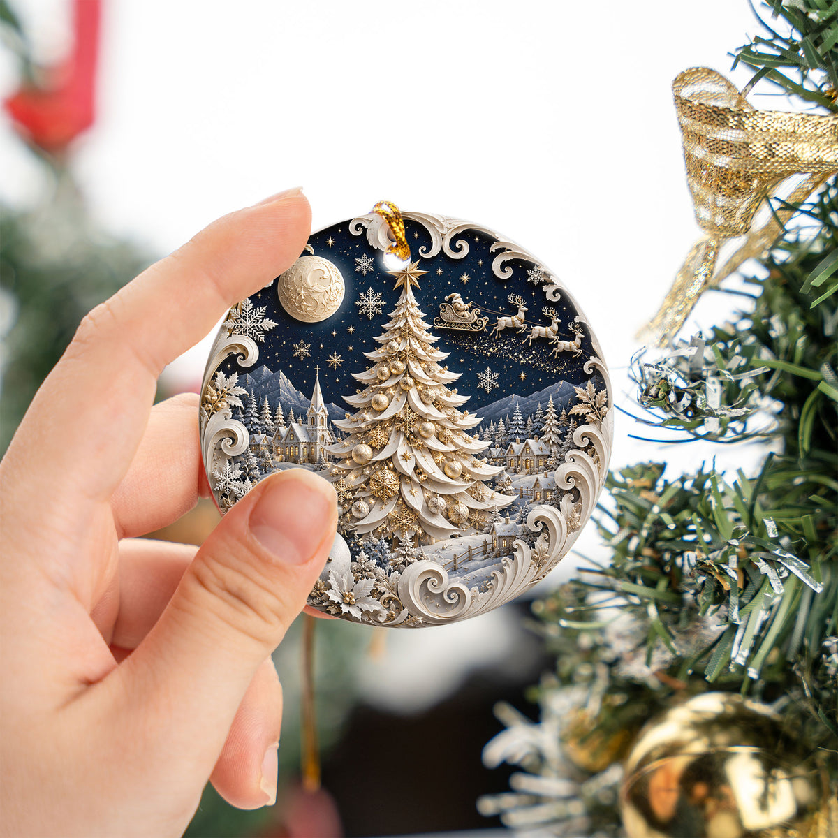 Christmas Ornament 2026 Blue Winter Village with Snowman, Ceramic Tree Ornament, Holiday Decoration