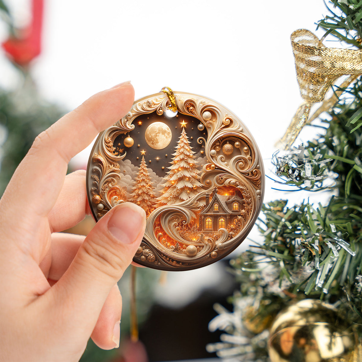 Elegant Christmas Tree Ornament 2026, Gold Holiday Ceramic Ornament, Christmas Decoration, Winter Home Decor, Christmas Gift Idea