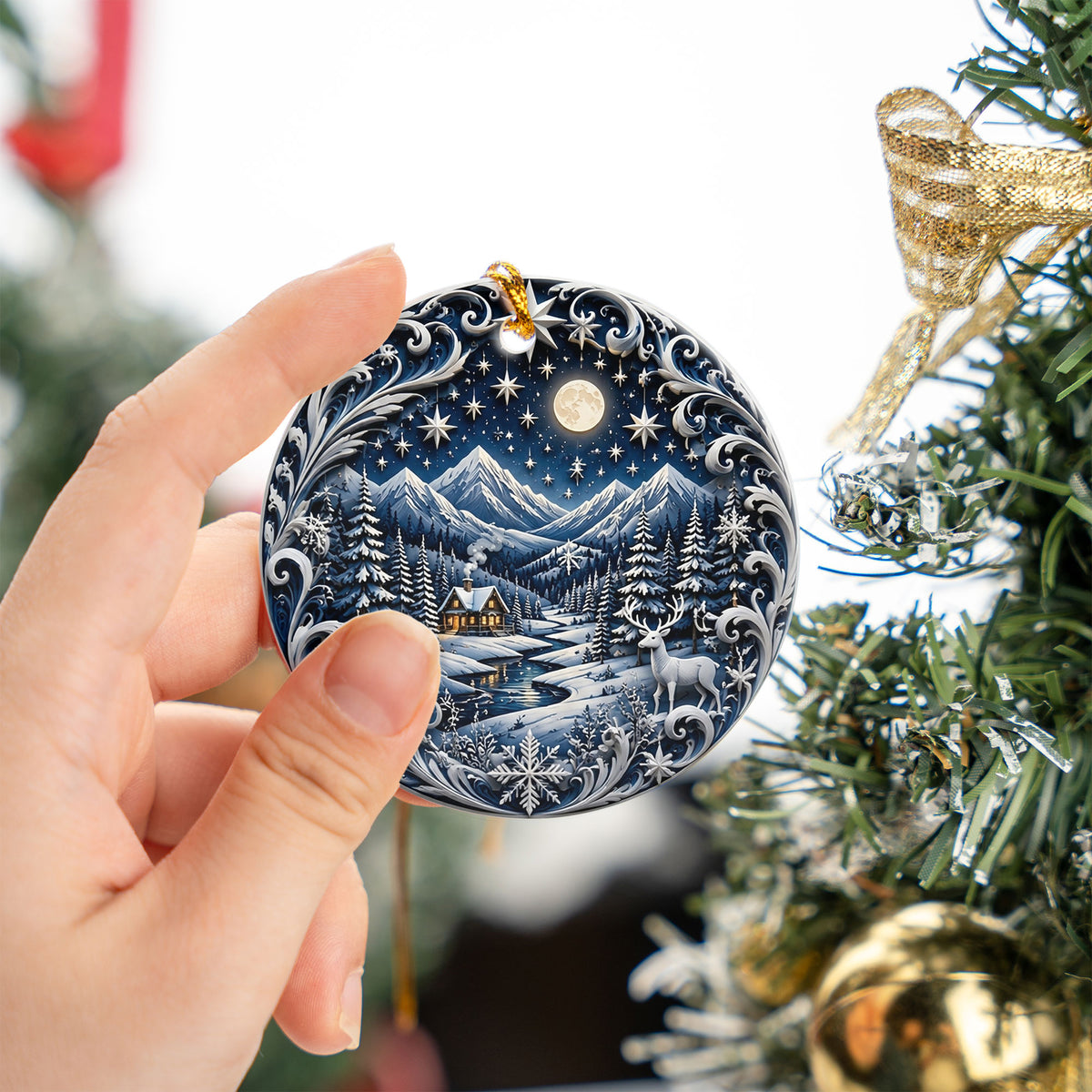 2026 Winter Night Ornament, Snowy Mountain Cabin Christmas Tree Ornament, Moonlit Deer Forest Keepsake