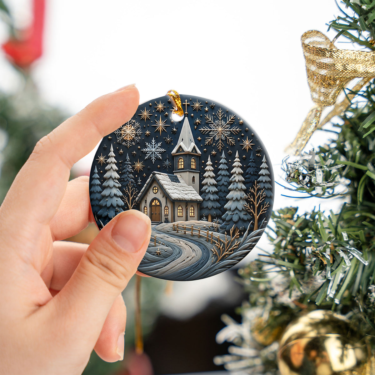 Church Christmas Ornament 2026, Snowy Church Ceramic Ornament, Winter Holiday Tree Decoration, Christmas Keepsake